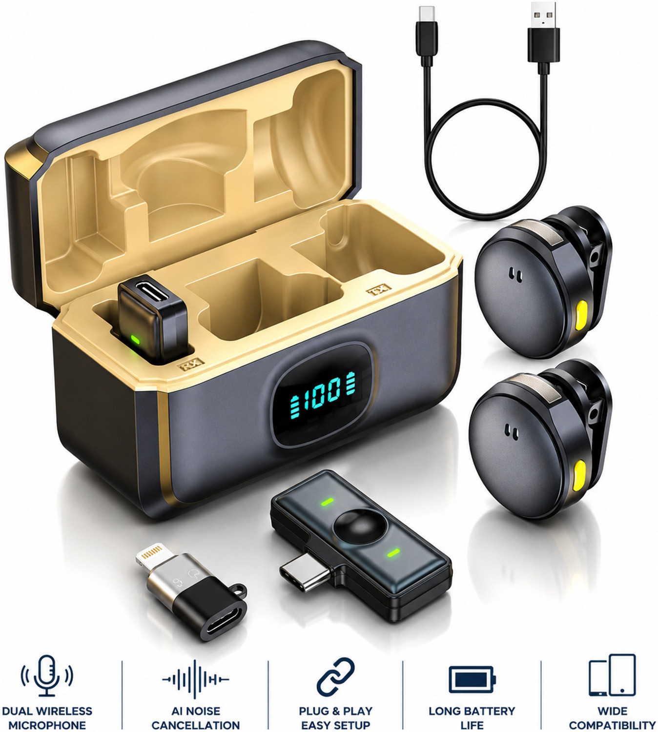 Image of AGINDUSTRY Dual Wireless Microphone, Noise Cancellation,Type-C, Lightning Android & iPhone Microphone