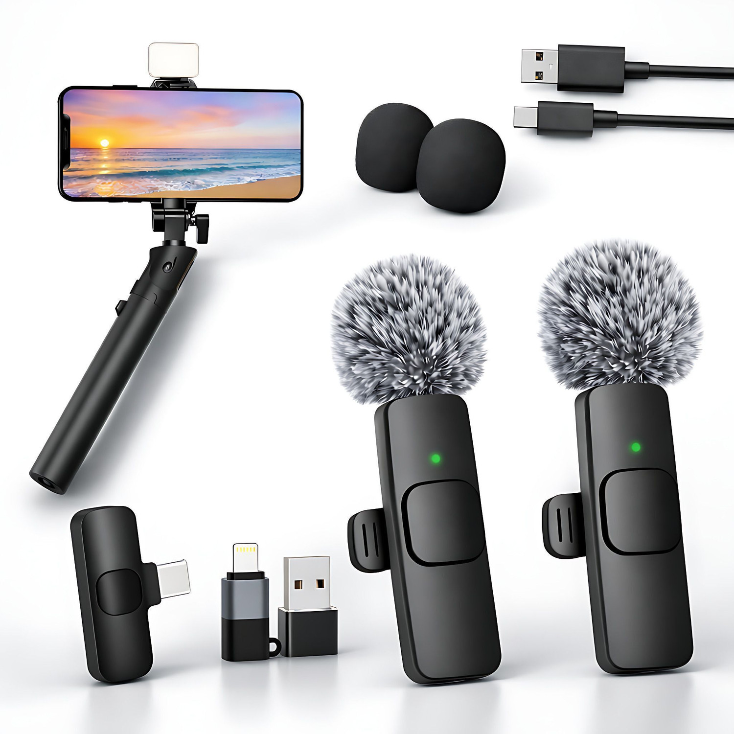 Image of MMAK Dual Wireless Lavalier Mic with LED Selfie Stick forReels, Vloogers Microphone