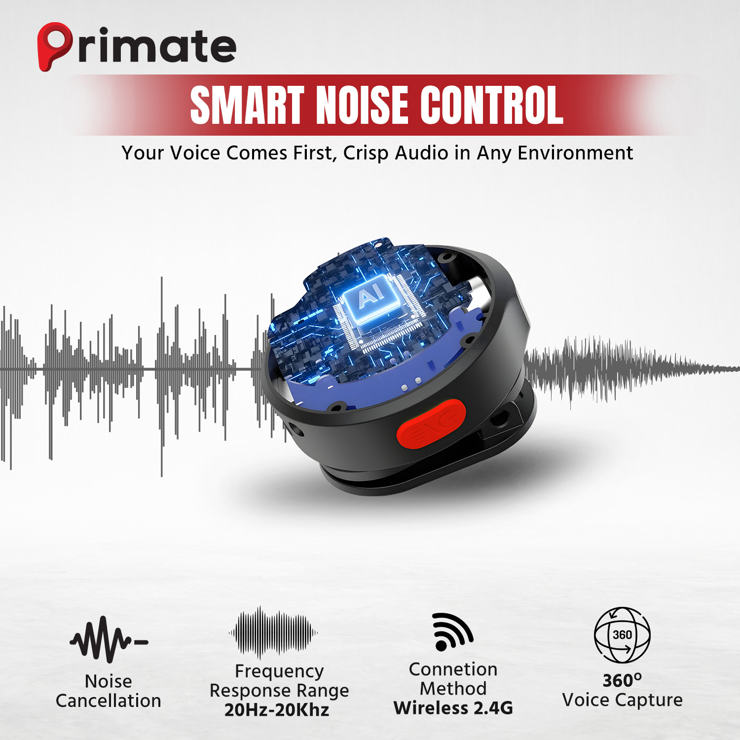 Image of Primate Wireless Lavalier Microphone for Android iPhone, Noise Cancellation, Type-C Mic Microphone