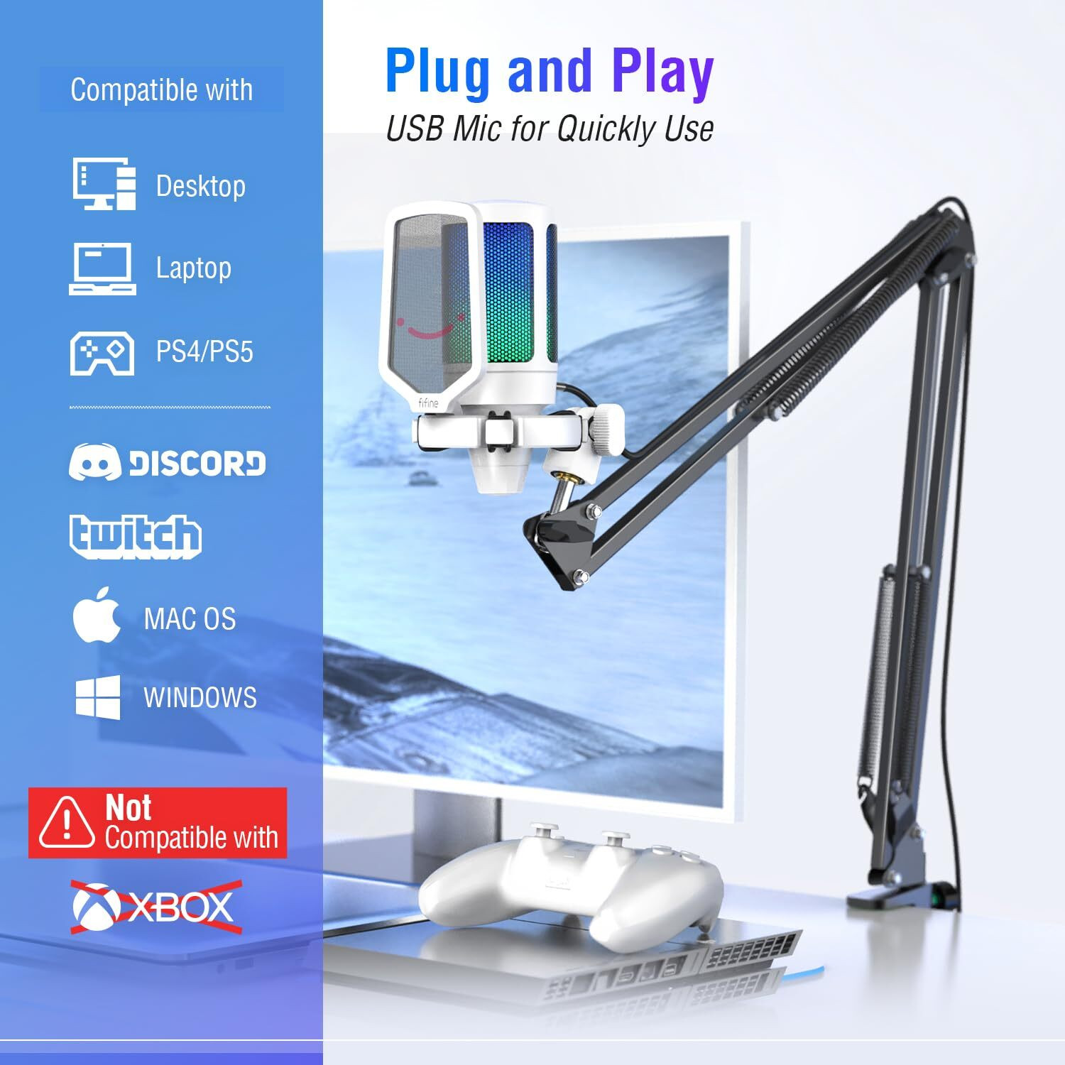 Image of Fifine (OPEN BOX) A6T Plug & Play Condensor Gaming USB Microphone Kit - White Microphone
