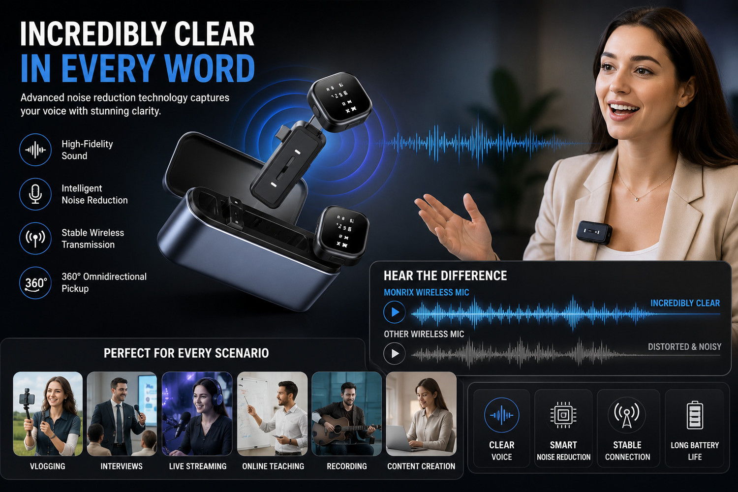 Image of Monrix 3-in-1 Wireless Microphone with Charging Case, Noise Reduction & LED Display Microphone