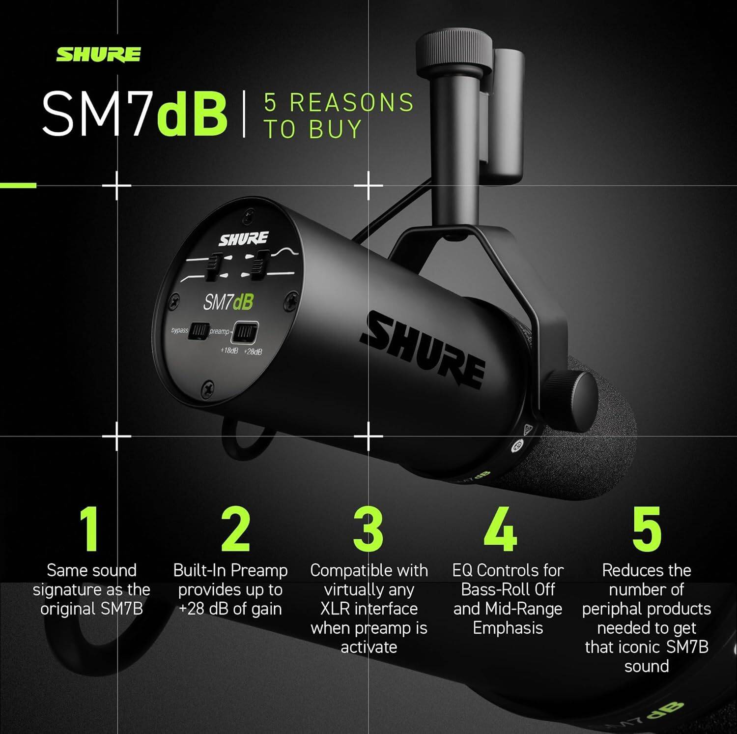 Shure SM7dB Dynamic Vocal Microphone w/Built-in Preamp for