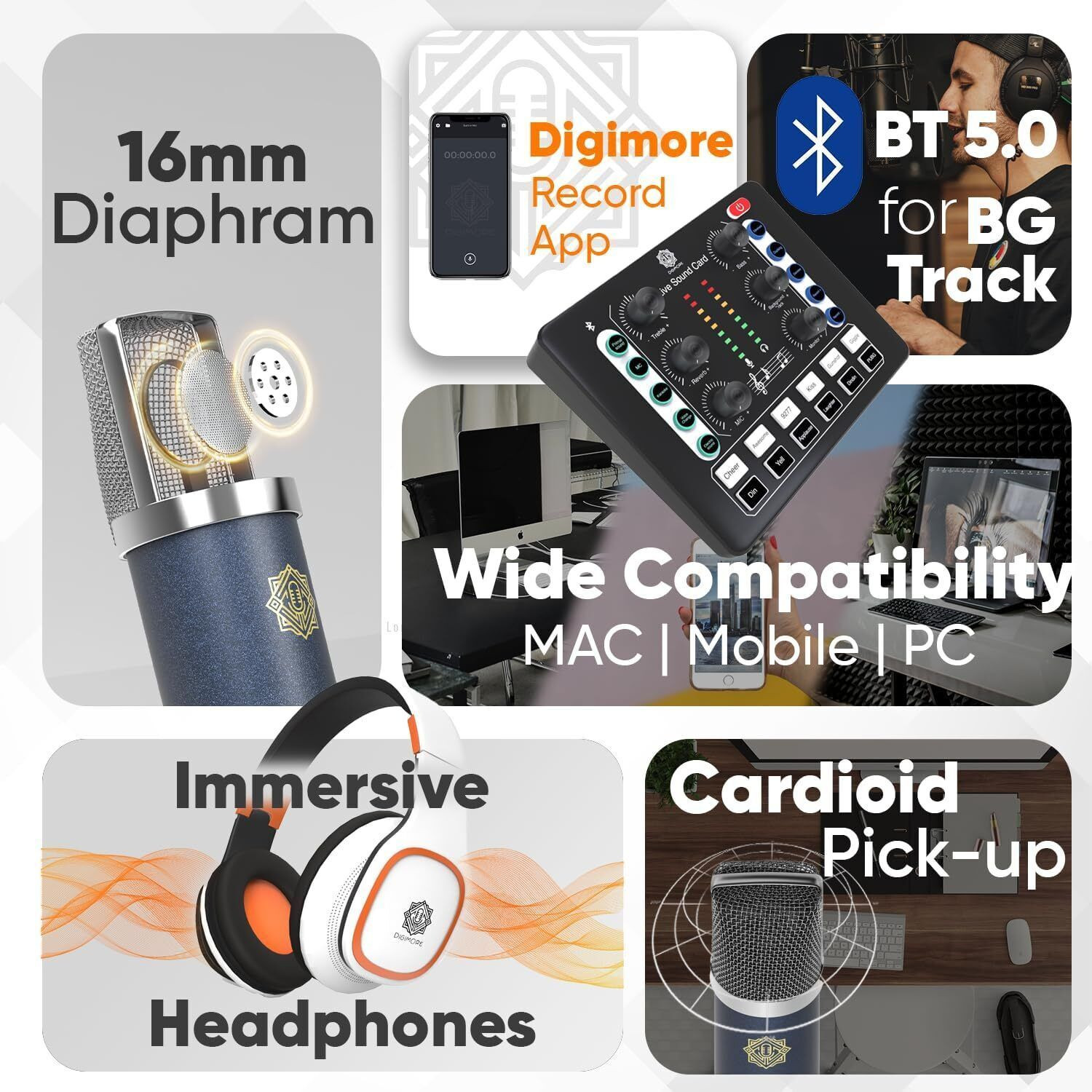 Image of Digimore D-442 Dual Condenser Mic Kit w Interface & Headphones for Podcast, Singing Microphone