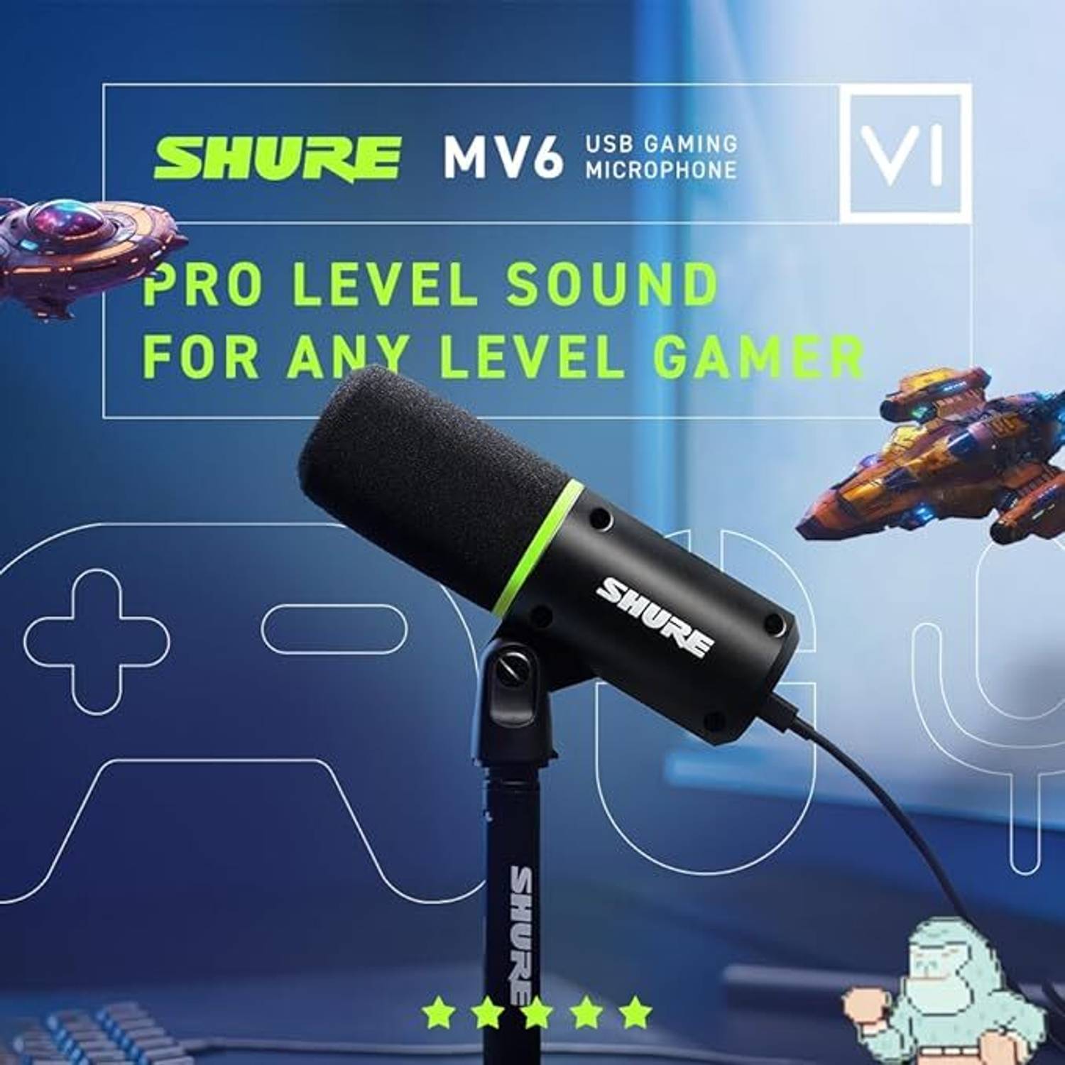 Shure MV6 Gaming Microphone, Dynamic USB PC Mic for Gaming