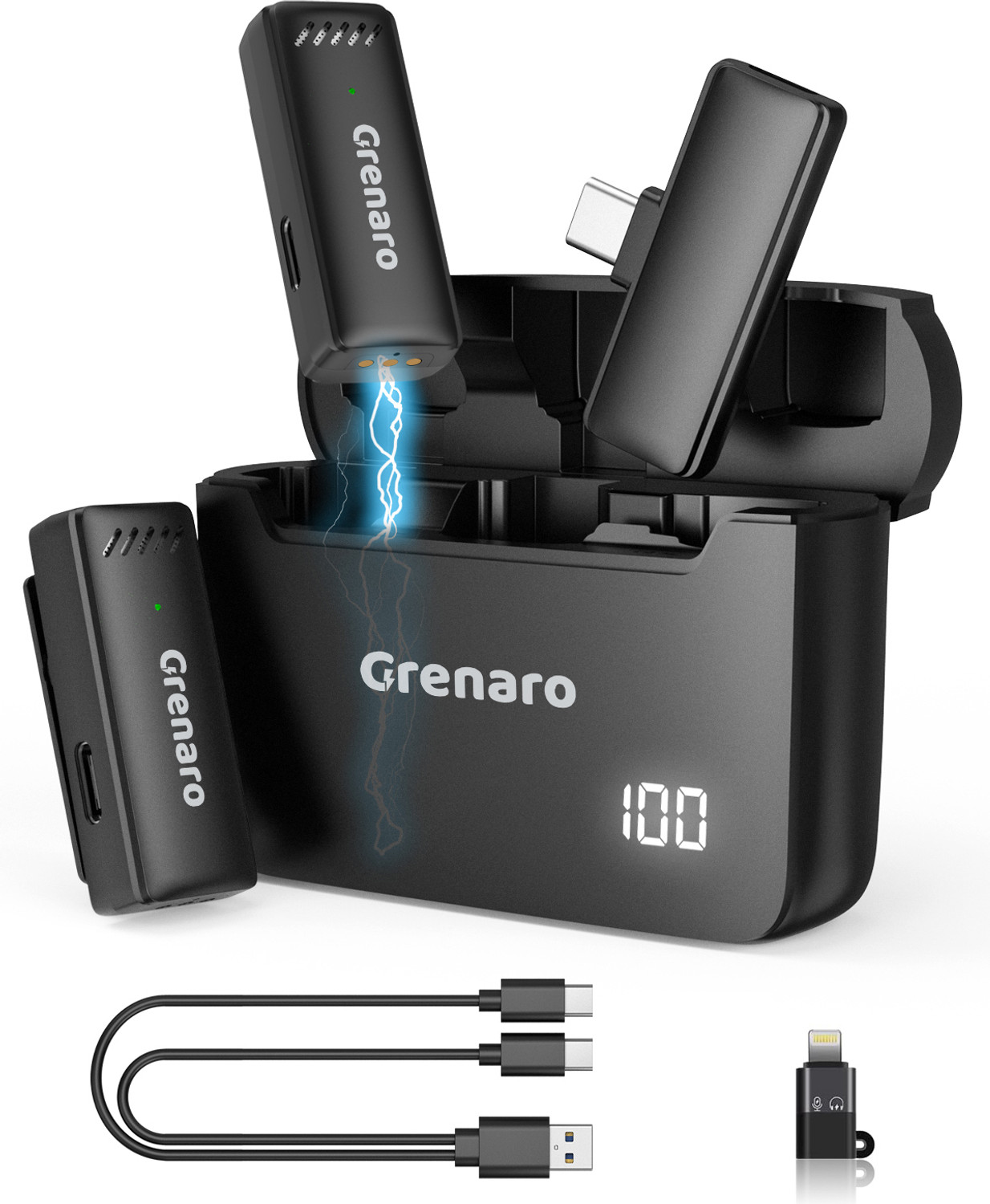Image of Grenaro Wireless Mic with Digital Display Charging Case, Type-C iPhone(One to Two) Microphone