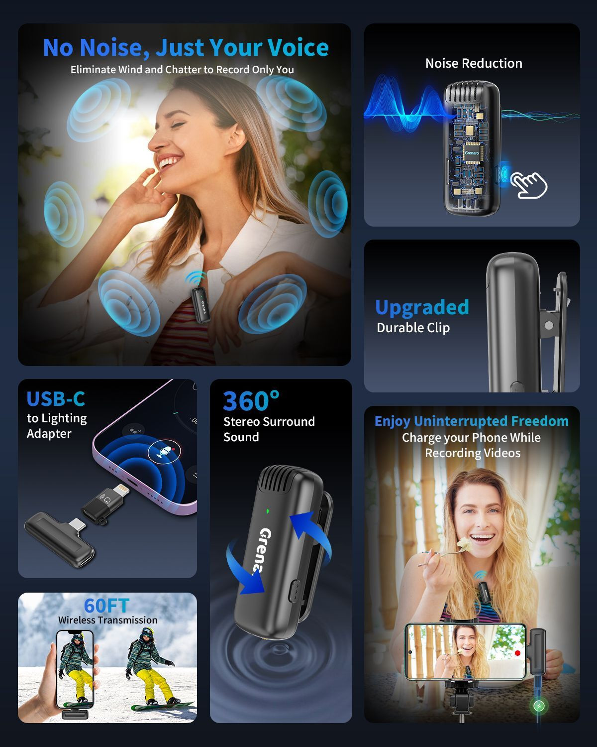 Image of Grenaro Mic for Youtube, J13 Wireless with Charging Case - 3 Level Noise Reduction Microphone