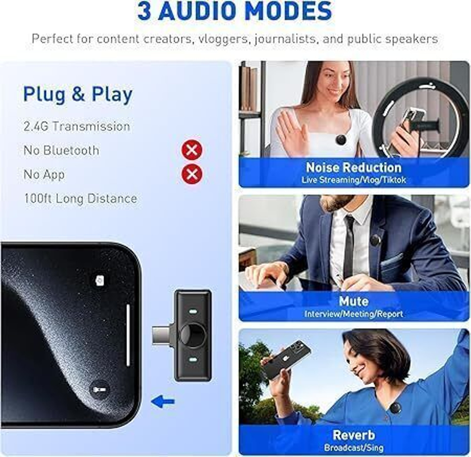 Image of VORLEN Lapel Wireless Mic with Display Magnetic Clip Noise-Free Lavalier Mic Microphone