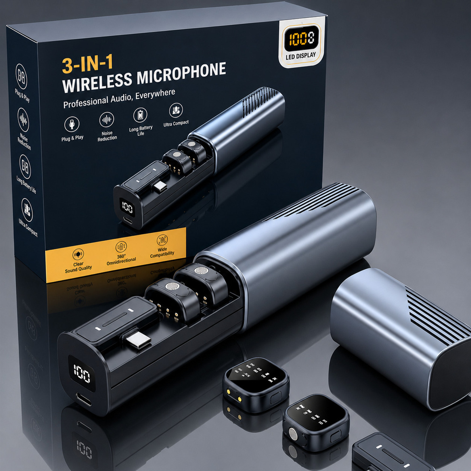 Image of Monrix 3-in-1 Wireless Microphone with Charging Case, Noise Reduction & LED Display Microphone