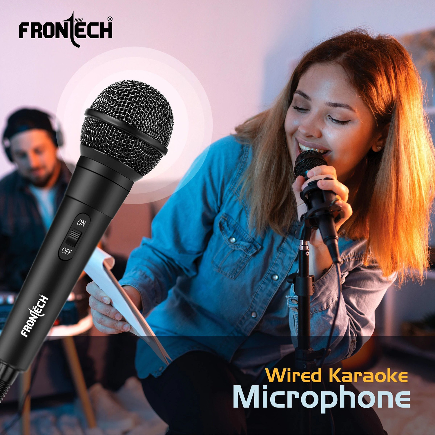 Image of Frontech HF-0014 Dynamic Microphone with 3M Cable| 6.5mm Jack | On /Off Switch| Metal Net Microphone