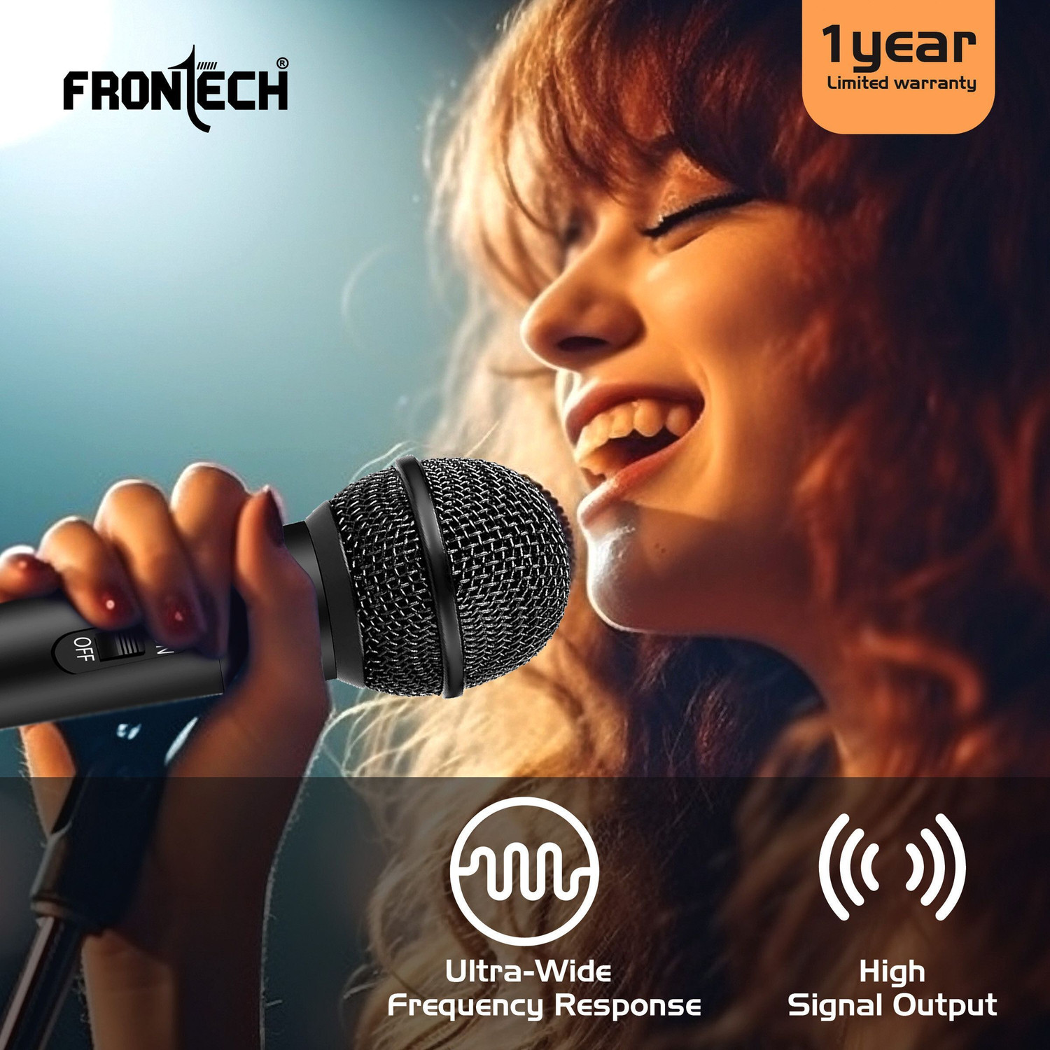 Image of Frontech HF-0014 Dynamic Microphone with 3M Cable| 6.5mm Jack | On /Off Switch| Metal Net Microphone