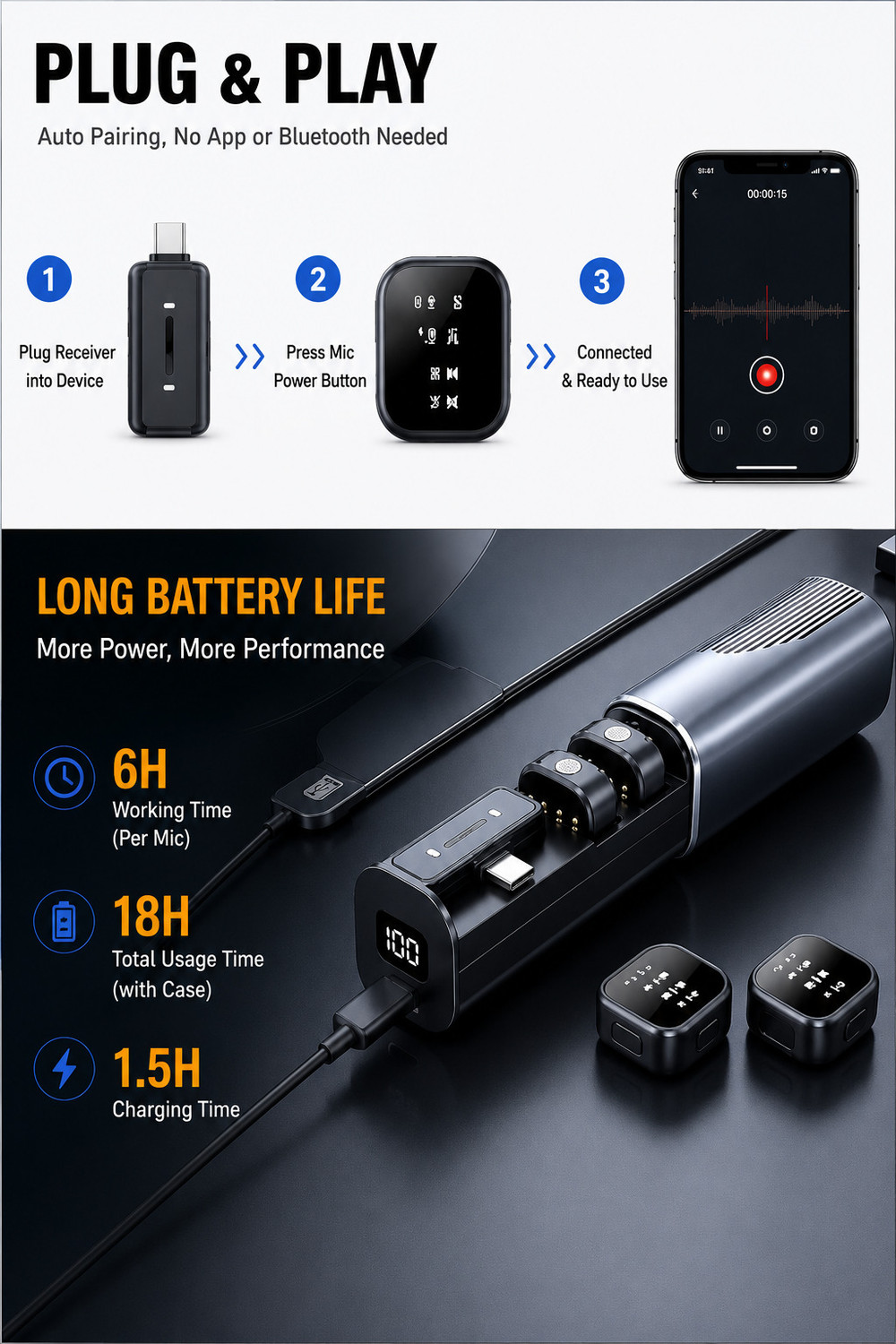 Image of Monrix 3-in-1 Wireless Microphone with Charging Case, Noise Reduction & LED Display Microphone