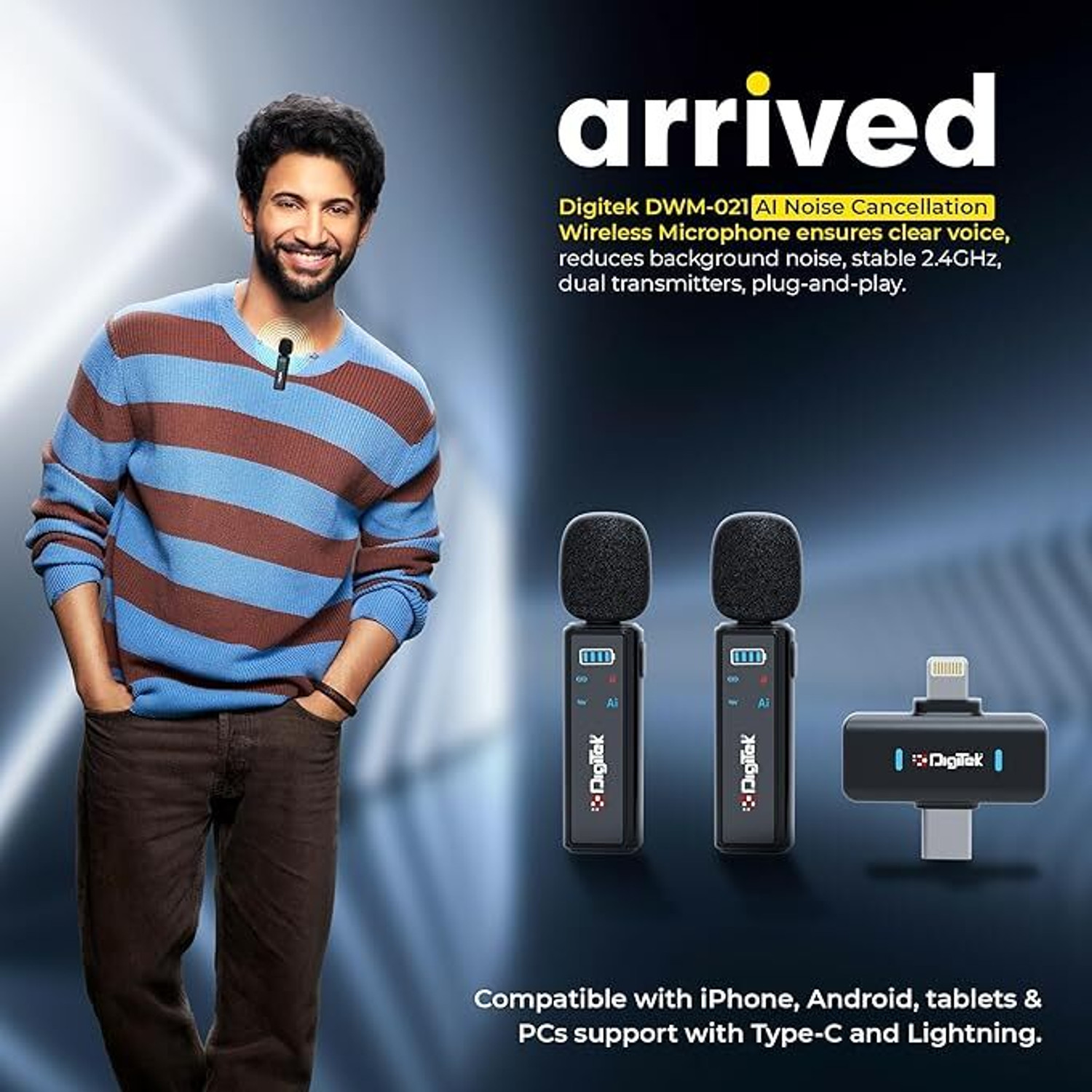 Image of DIGITEK DWM 021 Wireless Microphone System with AI Noise Cancellation for Android & iOS Camera Microphone