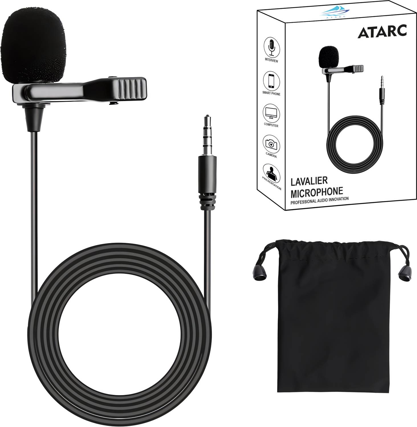 ATARC Dynamic Lapel Collar Mic Voice Recording Filter Microphone for Singing Youtube SmartPhones, Black Microphone