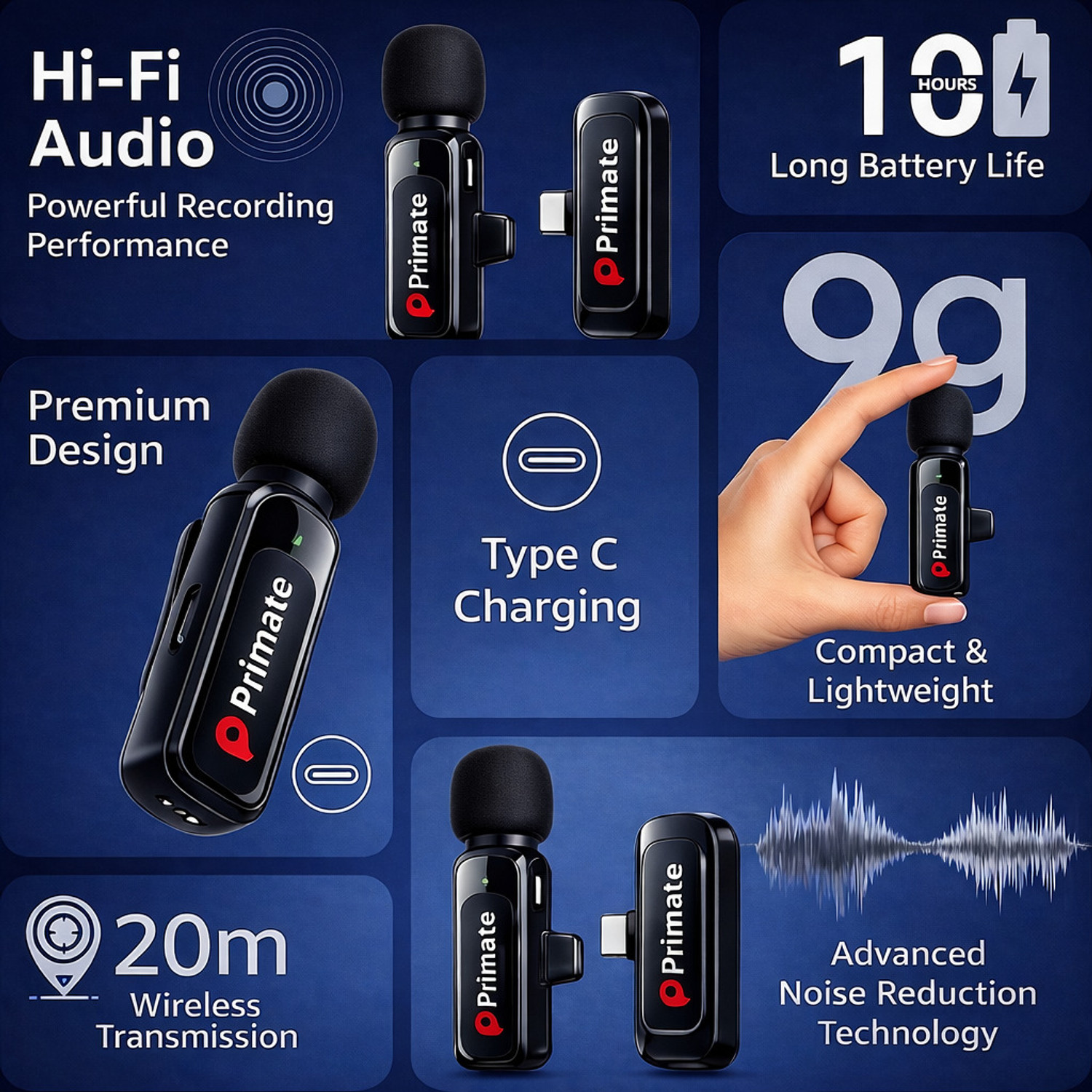 Image of Primate Wireless Mic For Youtube Mic For Vlogging Video Recording , Type-C Plug & Play Microphone