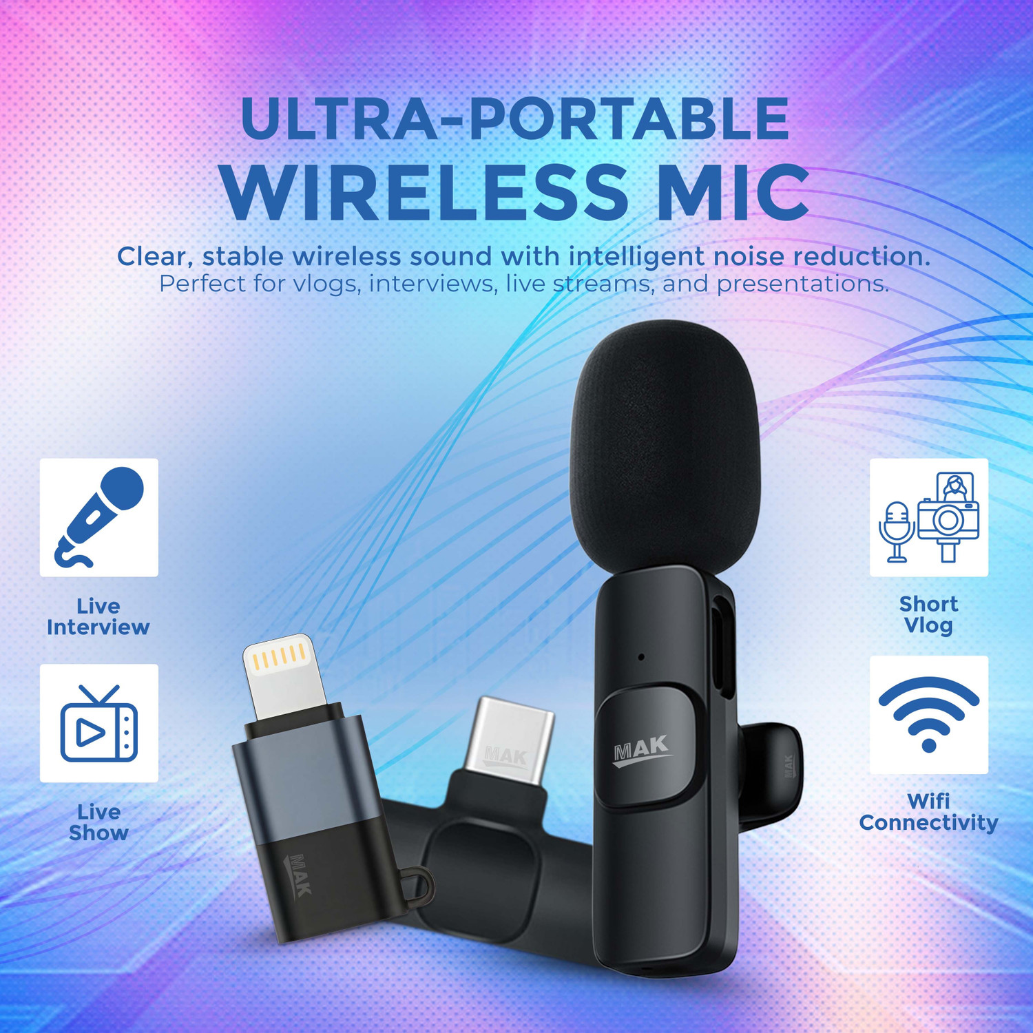 Image of MAK Compact Wireless Mic Setup with LED Stick for Creators Microphone