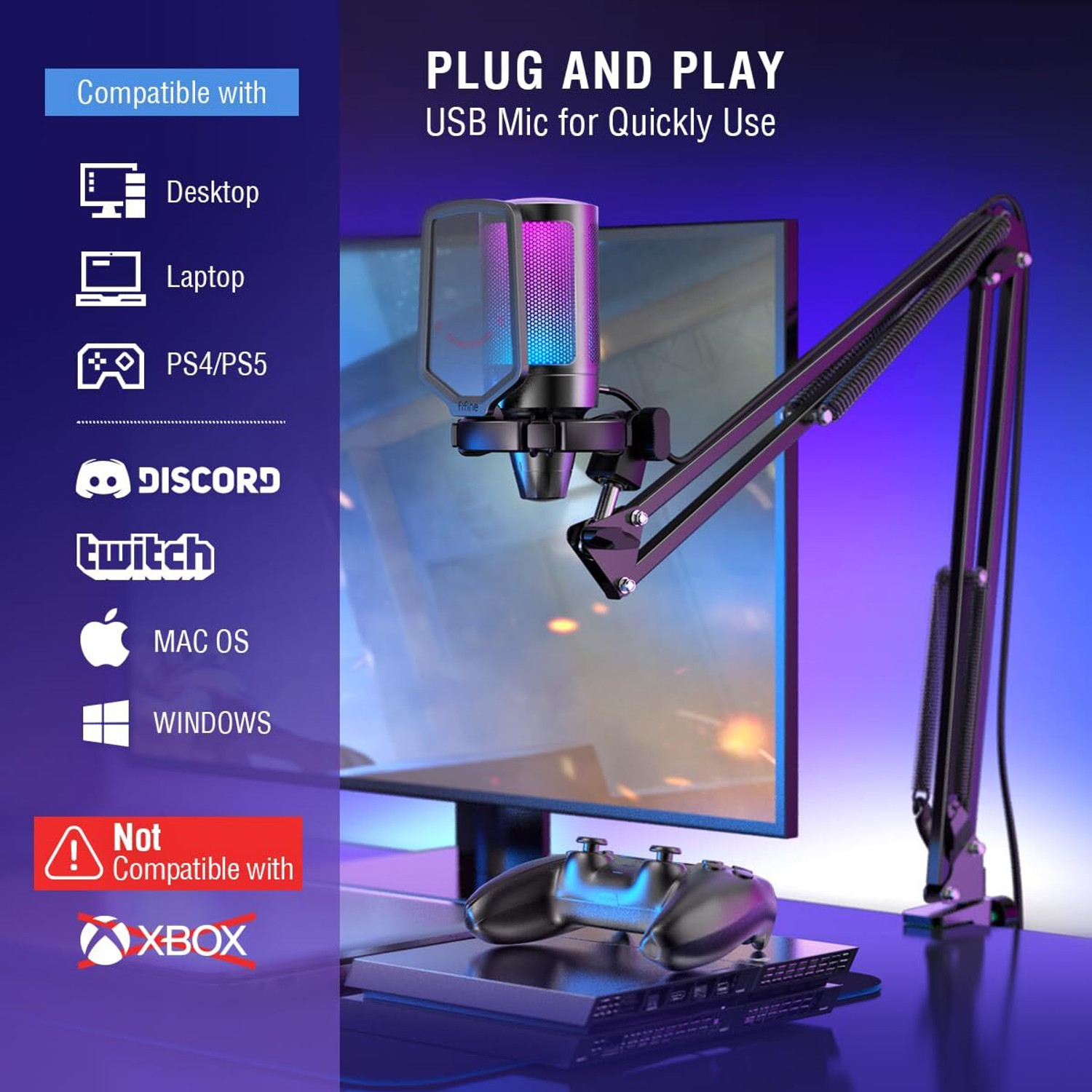 Image of Fifine (OPEN BOX) A6T (Black) with Stand for Gaming, Streaming, PC, USB RGB Kit Microphone