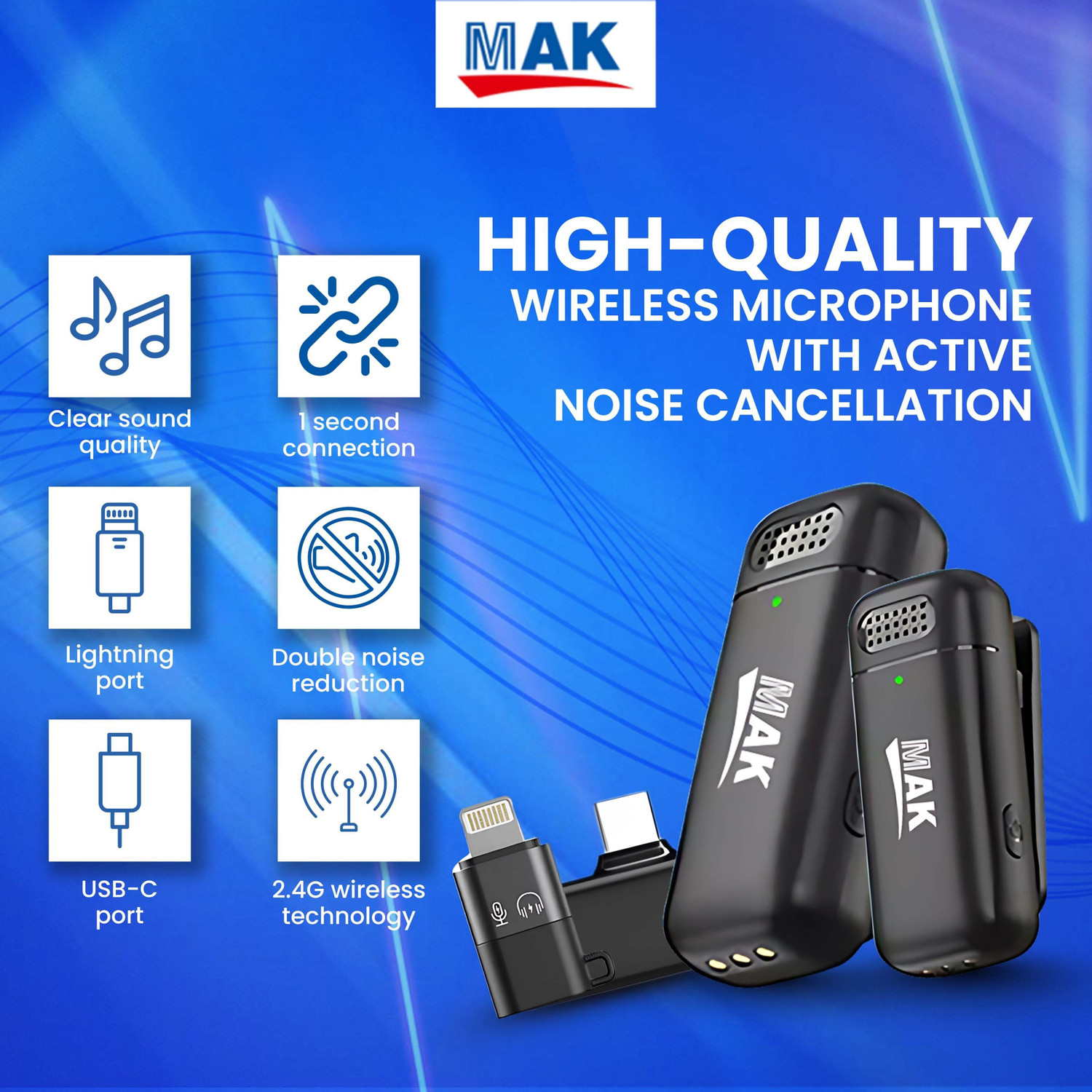 Image of MAK Wireless Dual Microphone with ANC & Smart Display Case for Creators Microphone