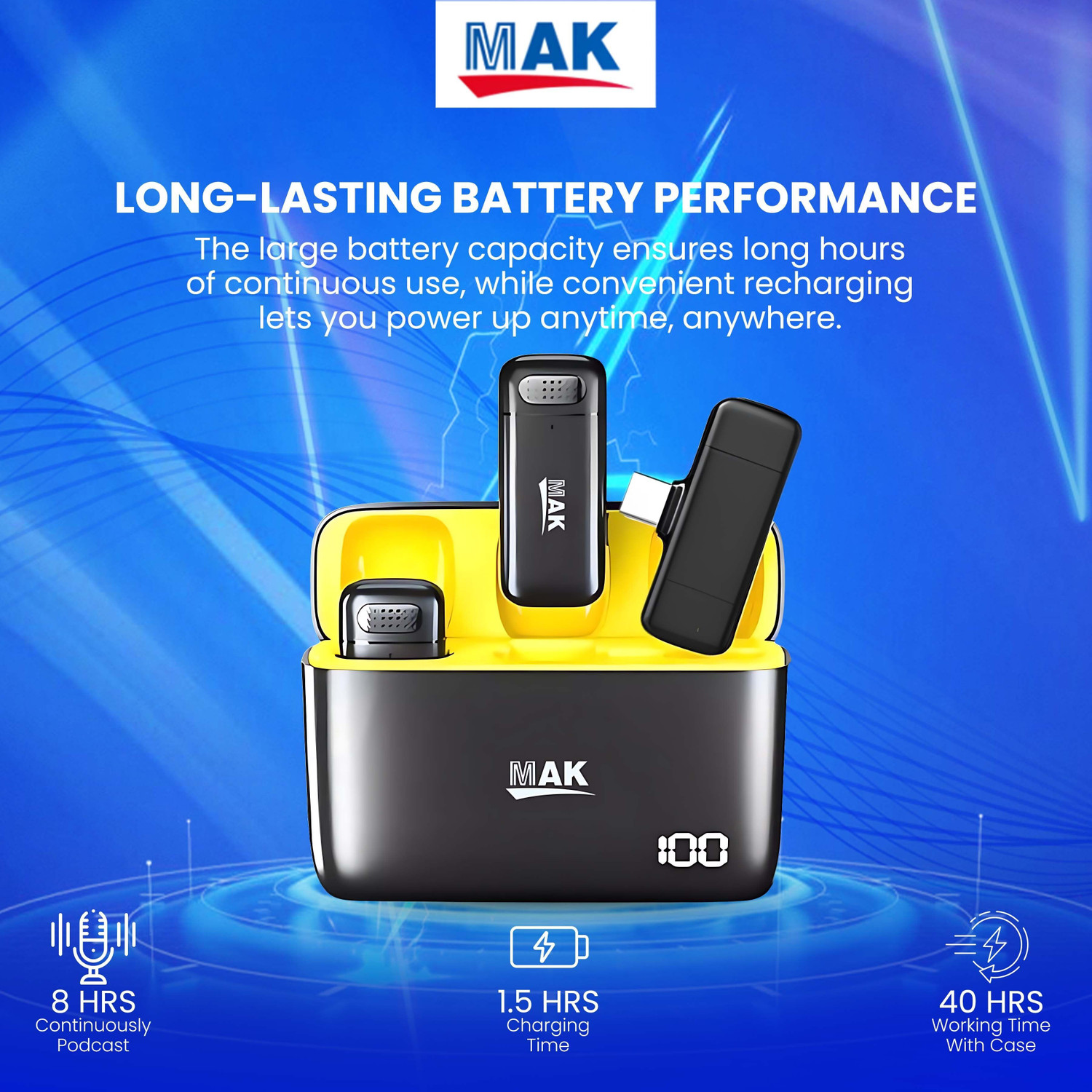 Image of MAK Wireless Dual Microphone with ANC & Smart Display Case for Creators Microphone