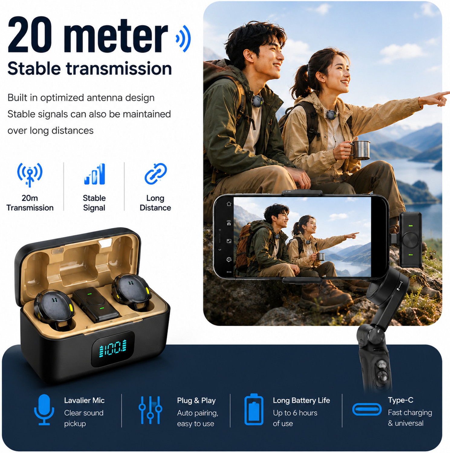 Image of Audioland Q8 Dual Wireless Lavalier Mic with LED Case, Noise Cancelling for Android Microphone