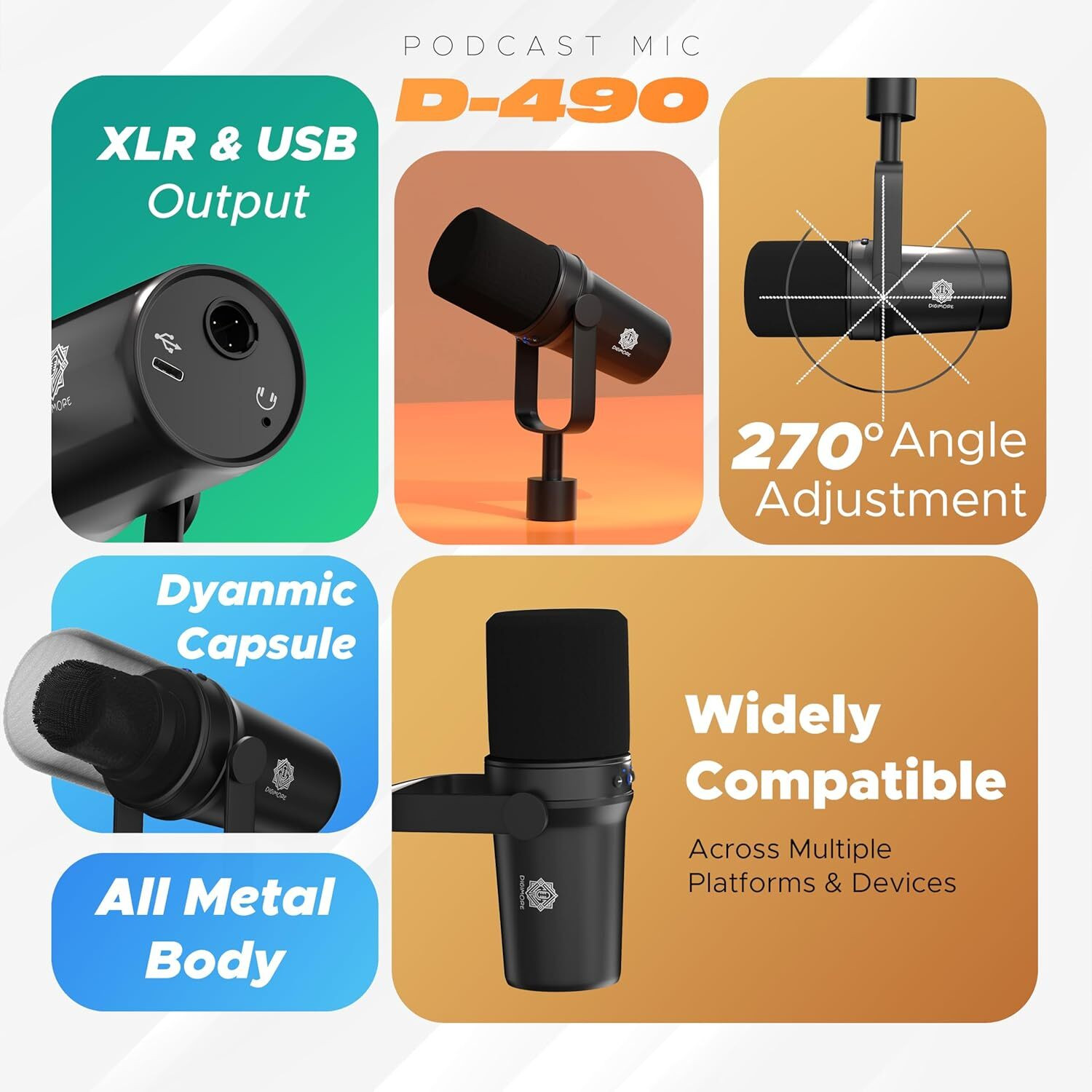 Image of Digimore D-490 Dynamic Podcast | USB & XLR Outputs | 24-Bit /192kHz Recording Microphone
