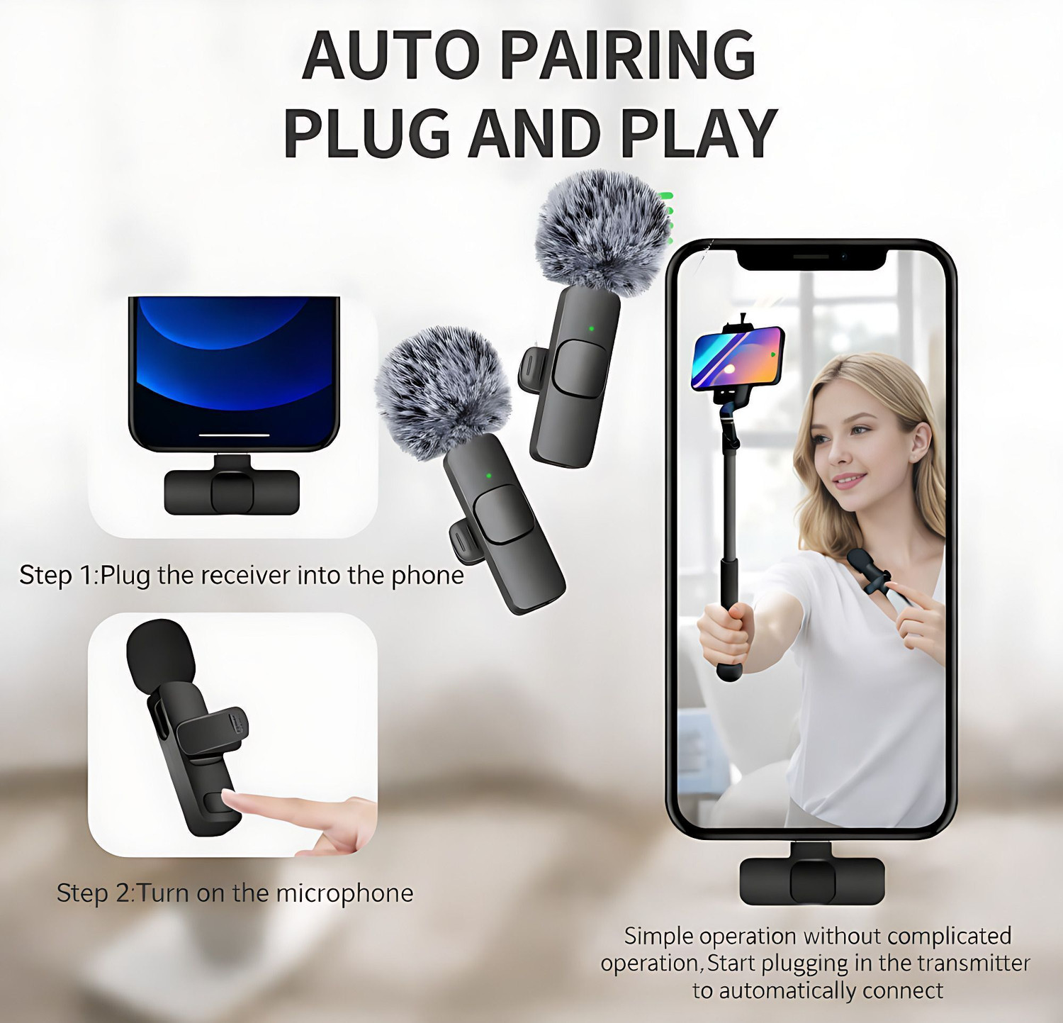 Image of MMAK Dual Wireless Lavalier Mic with LED Selfie Stick forReels, Vloogers Microphone