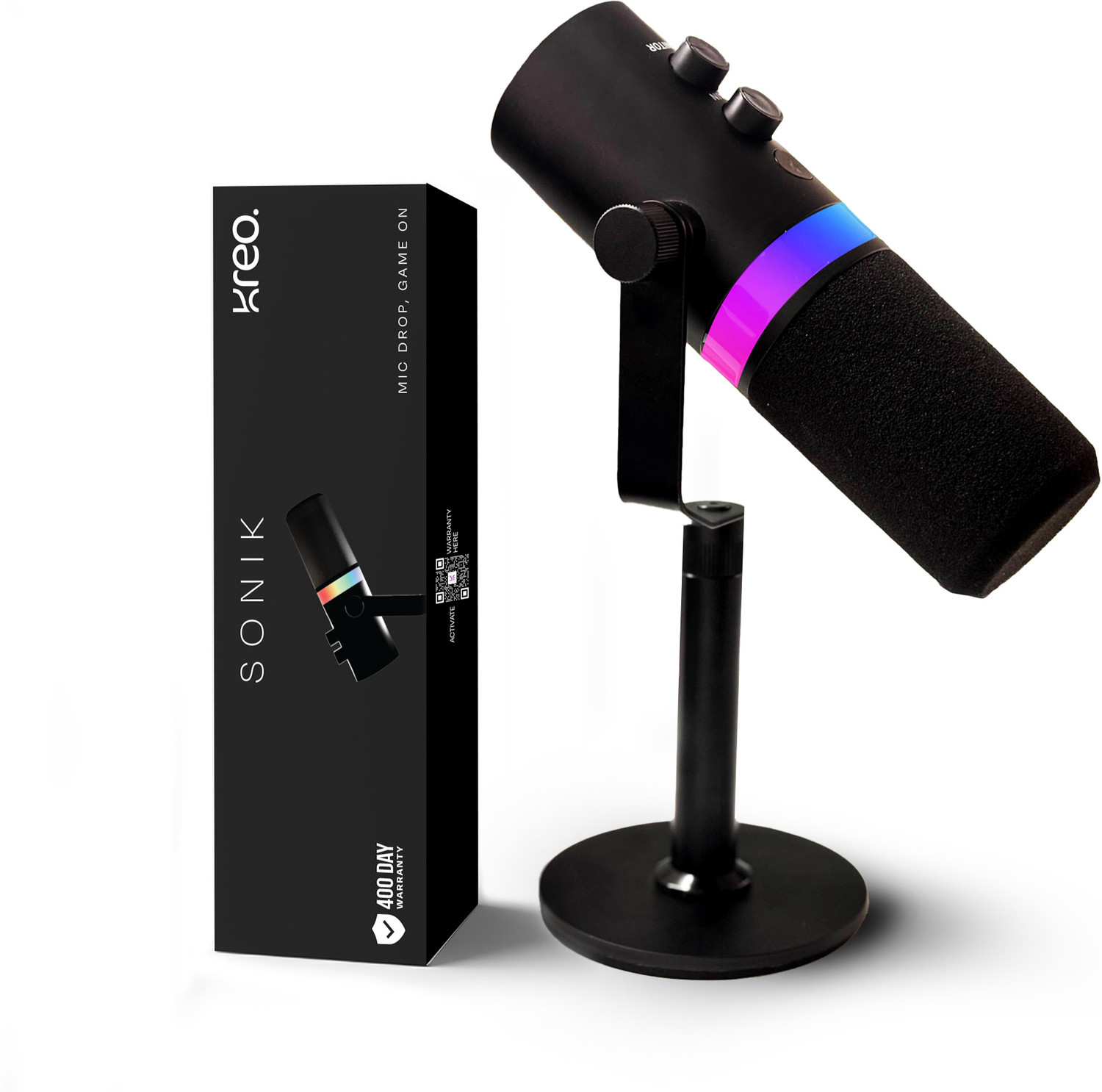 Image of Kreo Sonik Professional Dynamic Mic with RGB, Noise Rejection, Dual Connectivity Camera Microphone