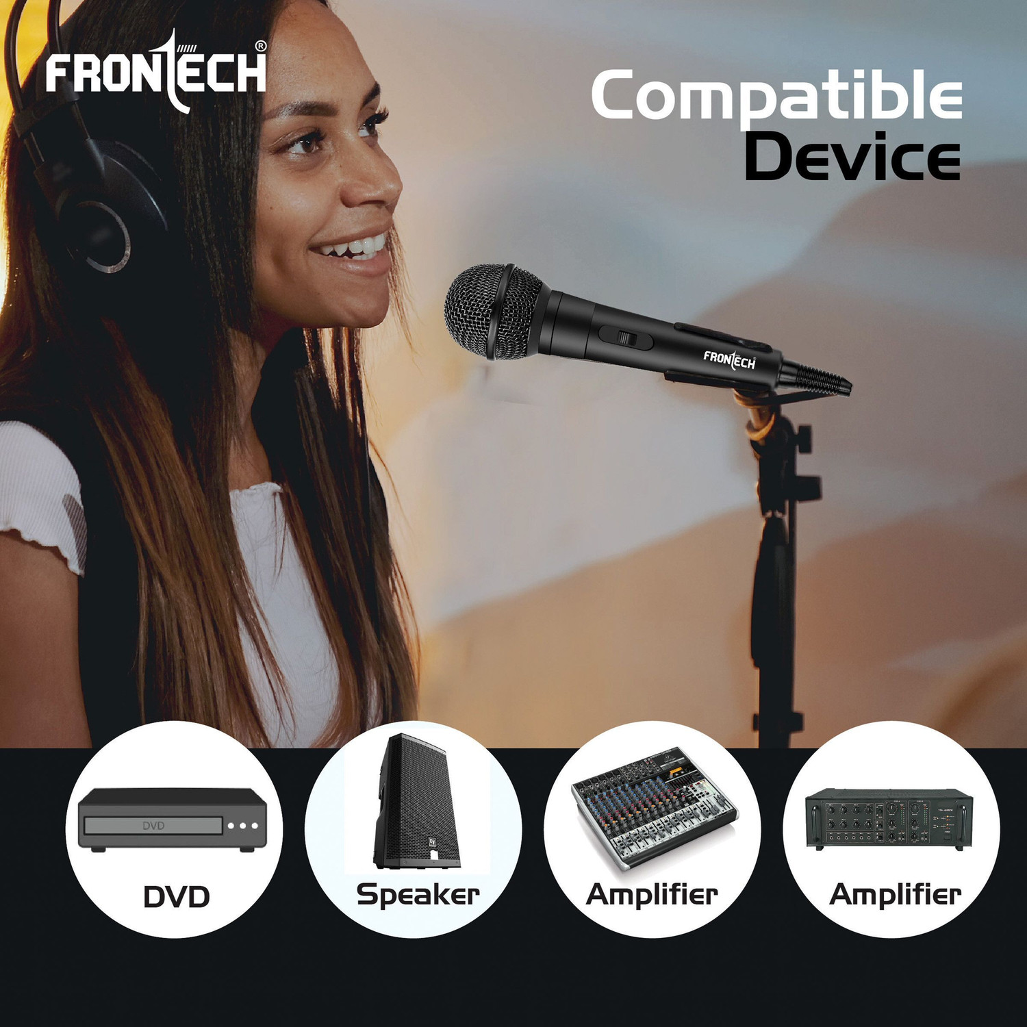 Image of Frontech HF-0014 Dynamic Microphone with 3M Cable| 6.5mm Jack | On /Off Switch| Metal Net Microphone