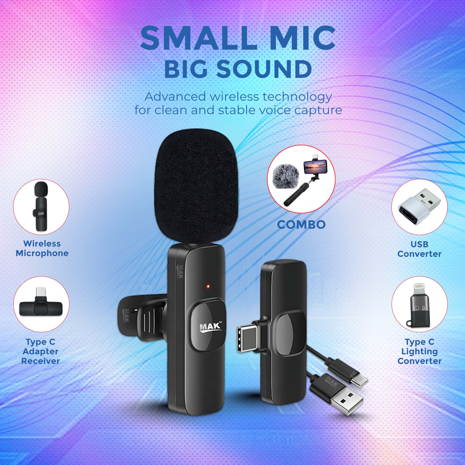 Image of MAK Compact Wireless Mic Setup with LED Stick for Creators Microphone