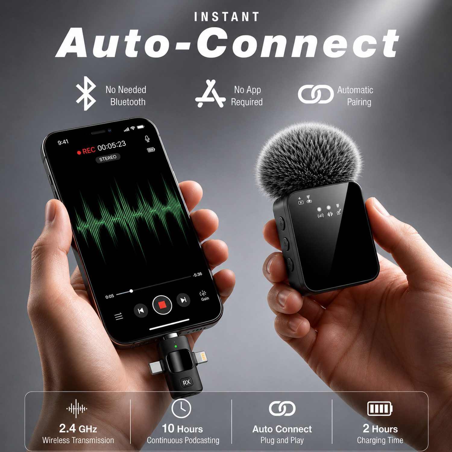 Image of Fireshell 3in1 Wireless Microphone for Mobile & Camera with Noise Cancellation 10H Microphone