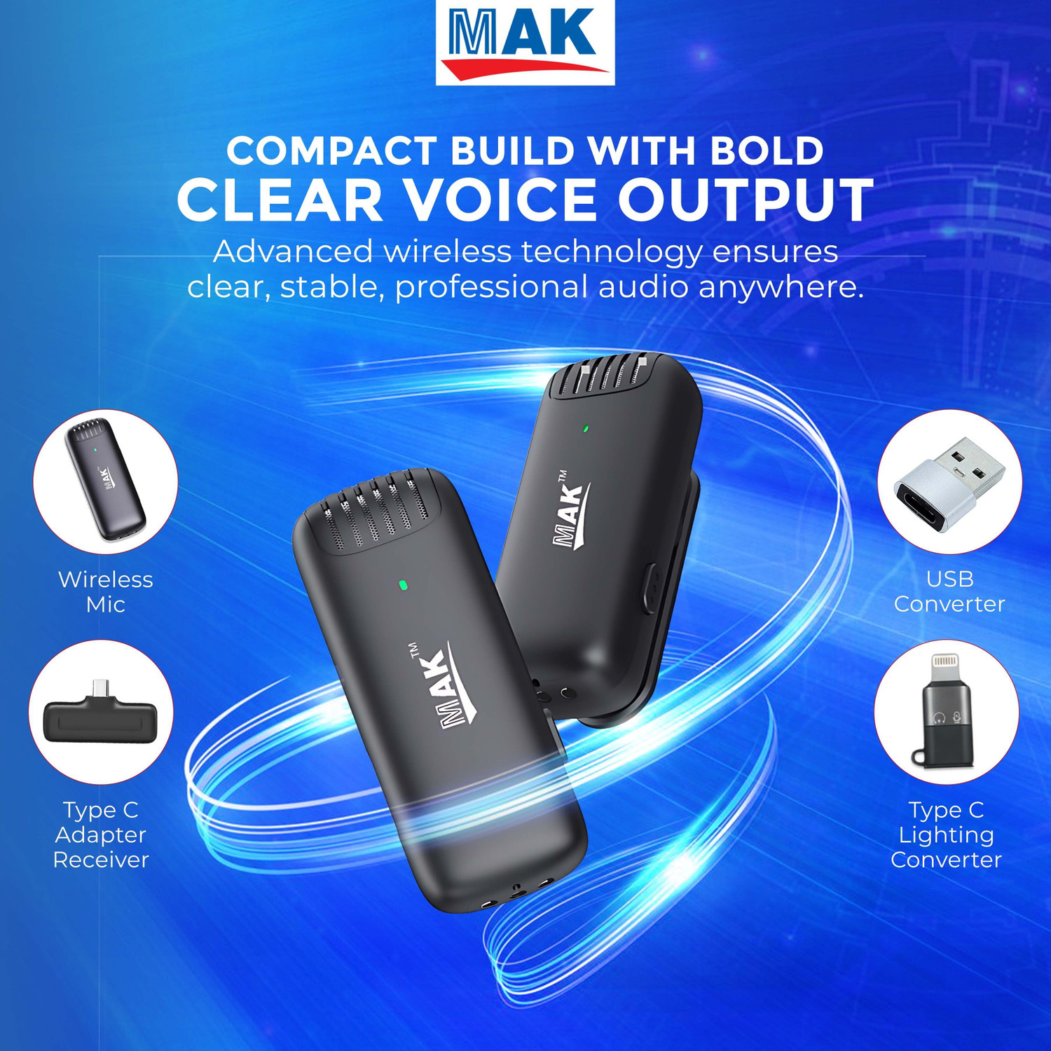 Image of MAK Dual Wireless Mic with ANC & Type-C Case for Vlogs & Reels Microphone