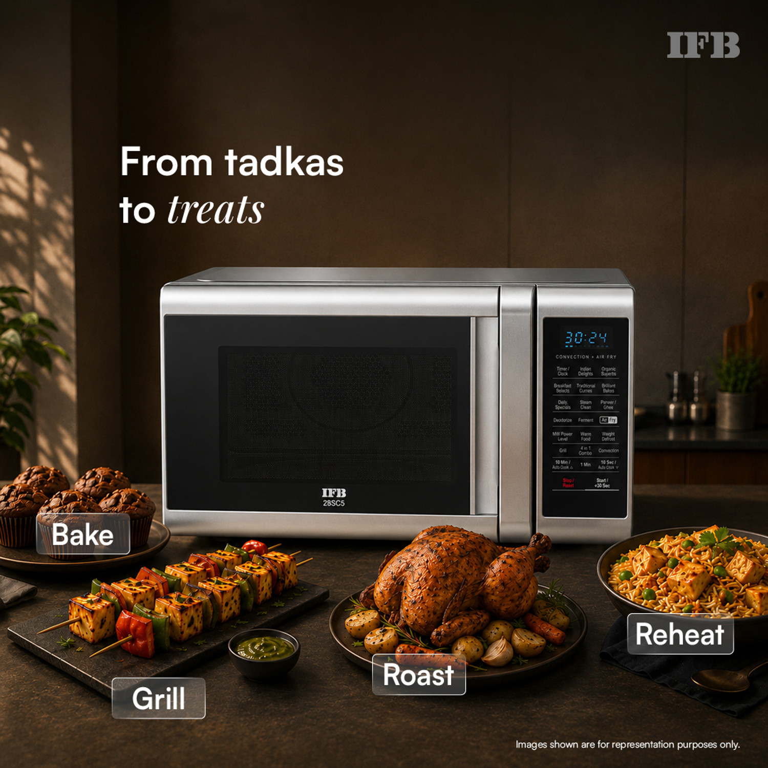Image of IFB 28 L Air Fry, Homemade Paneer in just 9 mins, Paneer /Ghee Mode, 300 Auto Cook Menus , Auto Defrost, Steam Clean, 10 Power Levels, Multi-Stage Cooking Convection Microwave Oven