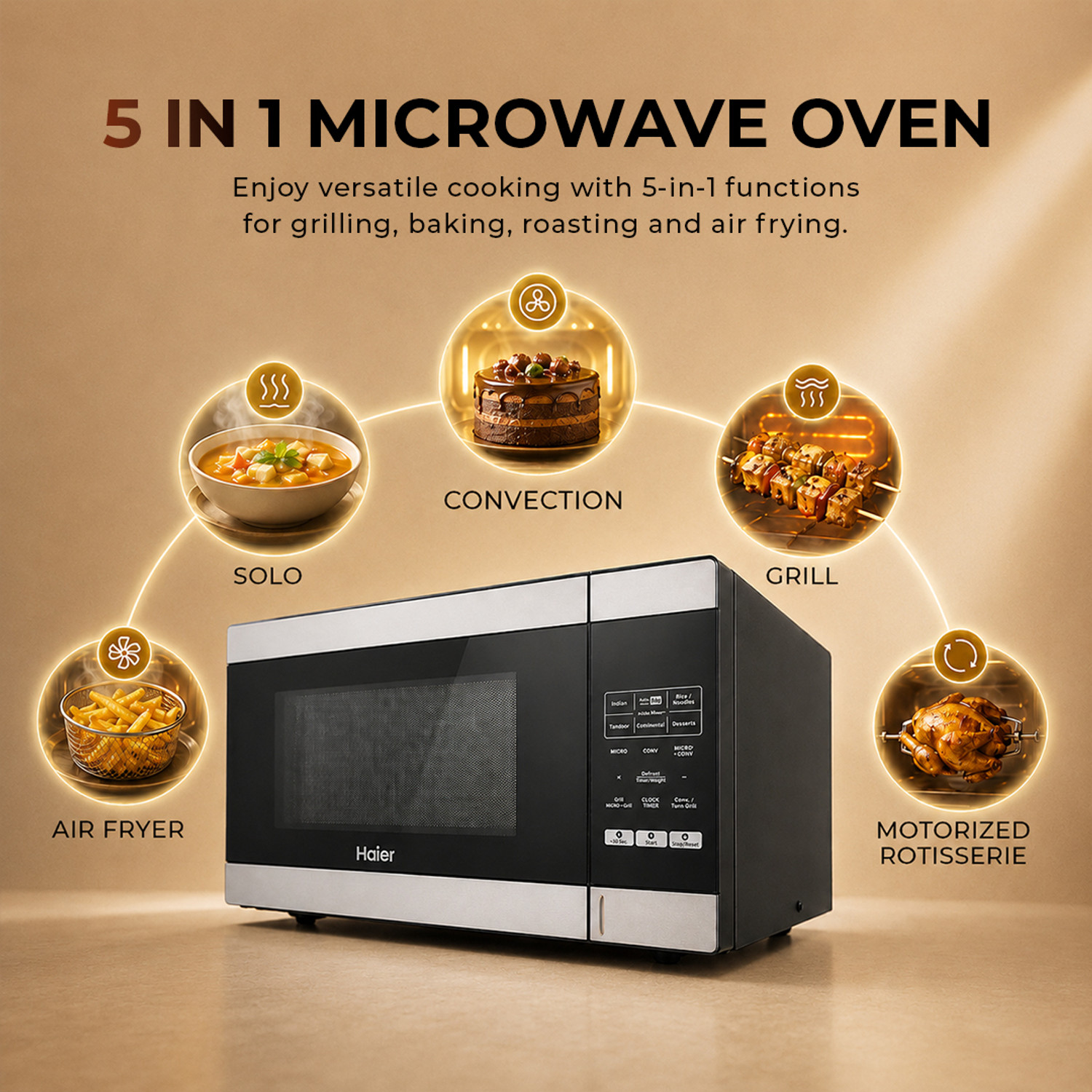Image of Haier 30 L Air Fryer with 5 in 1 Microwave oven, 305 Auto Cook Menus , 360 Motorized Rotisserie for Barbeque, 36 Air fry Recipe, 305 Auto cook menus, Stainless Steel Cavity, Multi Stage Cooking, Steam clean, Baking, Grilling, Roasting, Child lock, Overheating protection, Convection Microwave Oven