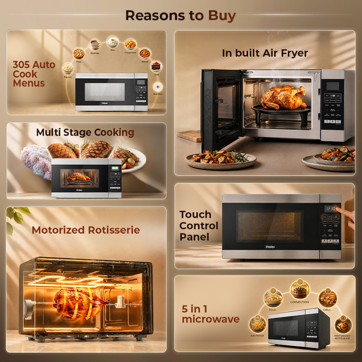 Image of Haier 30 L Air Fryer with 5 in 1 Microwave oven, 305 Auto Cook Menus , 360 Motorized Rotisserie for Barbeque, 36 Air fry Recipe, 305 Auto cook menus, Stainless Steel Cavity, Multi Stage Cooking, Steam clean, Baking, Grilling, Roasting, Child lock, Overheating protection, Convection Microwave Oven