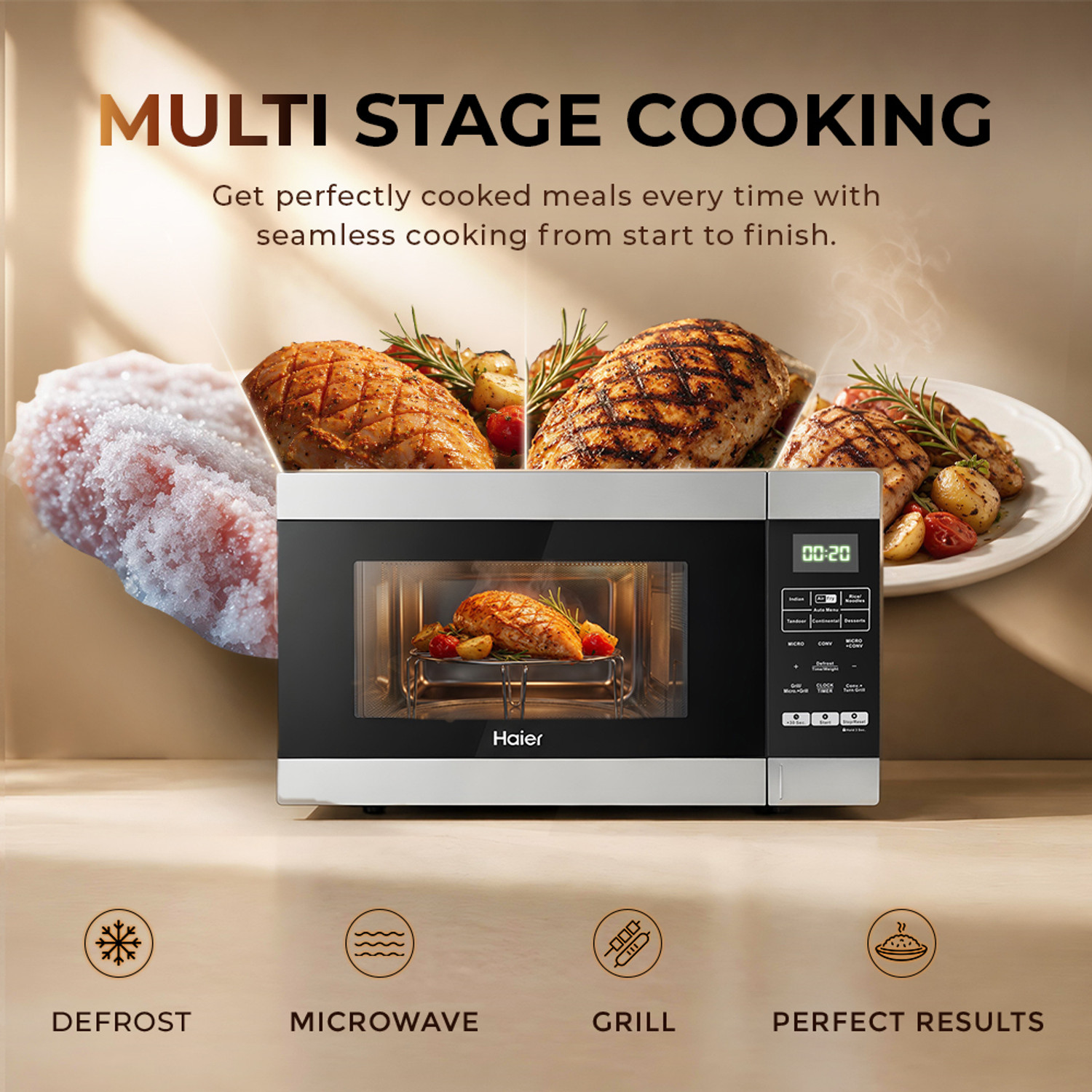 Image of Haier 30 L Air Fryer with 5 in 1 Microwave oven, 305 Auto Cook Menus , 360 Motorized Rotisserie for Barbeque, 36 Air fry Recipe, 305 Auto cook menus, Stainless Steel Cavity, Multi Stage Cooking, Steam clean, Baking, Grilling, Roasting, Child lock, Overheating protection, Convection Microwave Oven