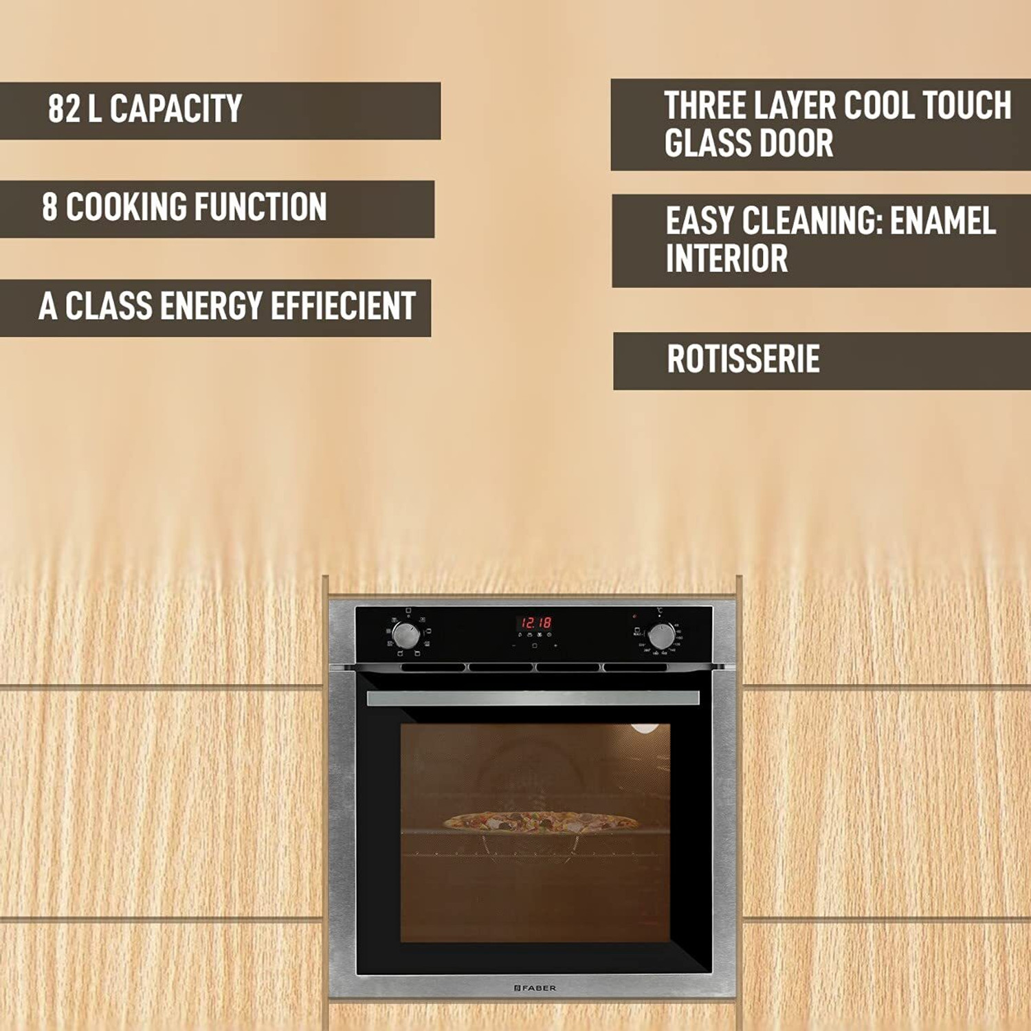 Image of FABER 80-Litre LED Display, FBIO 80L 8F Oven Toaster Grill OTG 80 L Built in Oven with 8 Functions Light, Grill & Convection, Black
