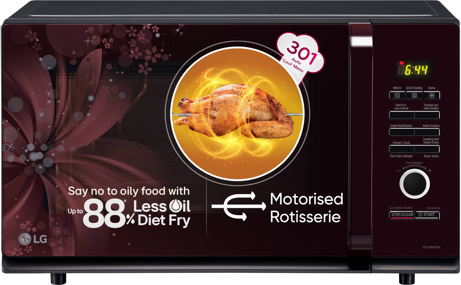 LG 32 L Auto Cook Menu, Stainless steel cavity, 360 degree Motorised Rotisserie for Bar-be-queing, Indian Cuisine, Tandoor Se, Steam Clean & Diet Fry) Convection Microwave Oven