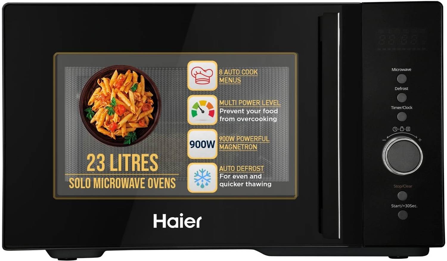 Haier 23 L 900 Watt Magnetron, 5 Power Levels, 8 Auto Cook Menus