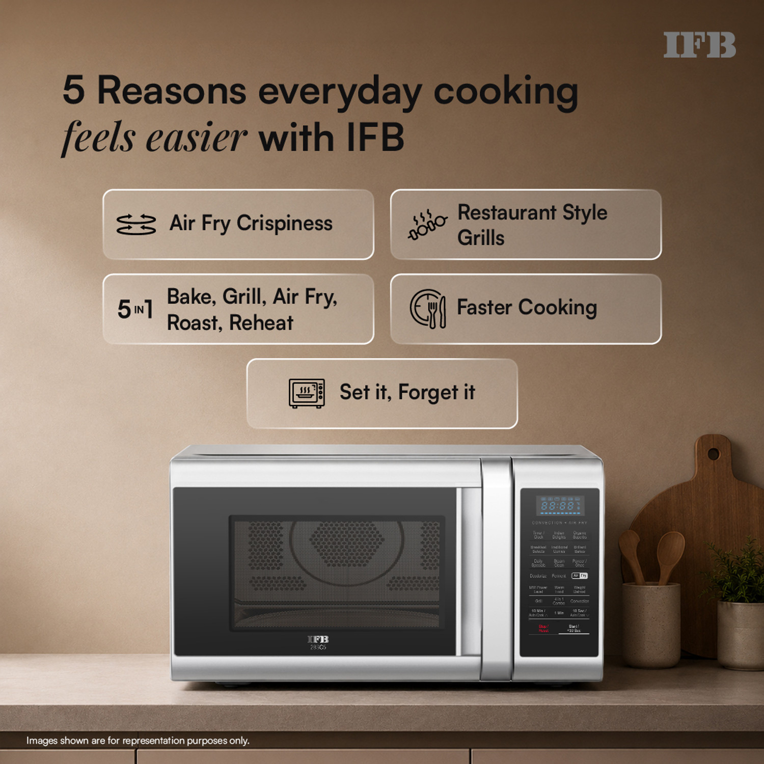 Image of IFB 28 L Air Fry, Homemade Paneer in just 9 mins, Paneer /Ghee Mode, 300 Auto Cook Menus , Auto Defrost, Steam Clean, 10 Power Levels, Multi-Stage Cooking Convection Microwave Oven