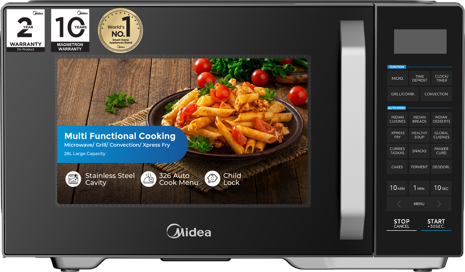 Image of Midea 28 L with Air fry, Grill, 326 Auto Cook Menu, 900W Microwave Power, Defrost, Multi-Stage Cooking, Stainless Steel Cavity Convection Microwave Oven