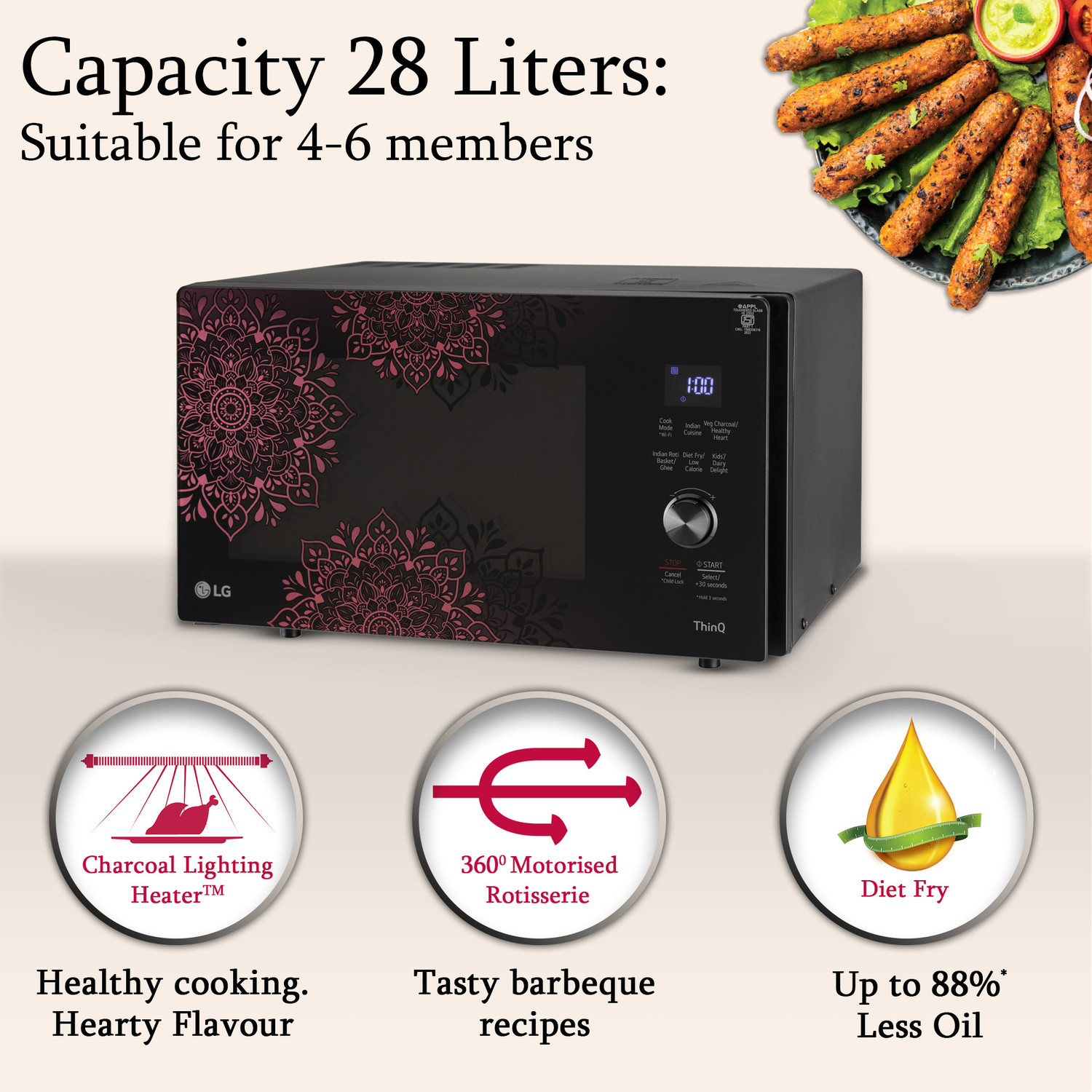 Image of LG 28 L Heart Friendly Recipes and 360 Motorised Rotisserie for crispy and tasty bar-be-que recipes, Scan to Cook Wi-Fi Enabled Charcoal Convection Microwave Oven