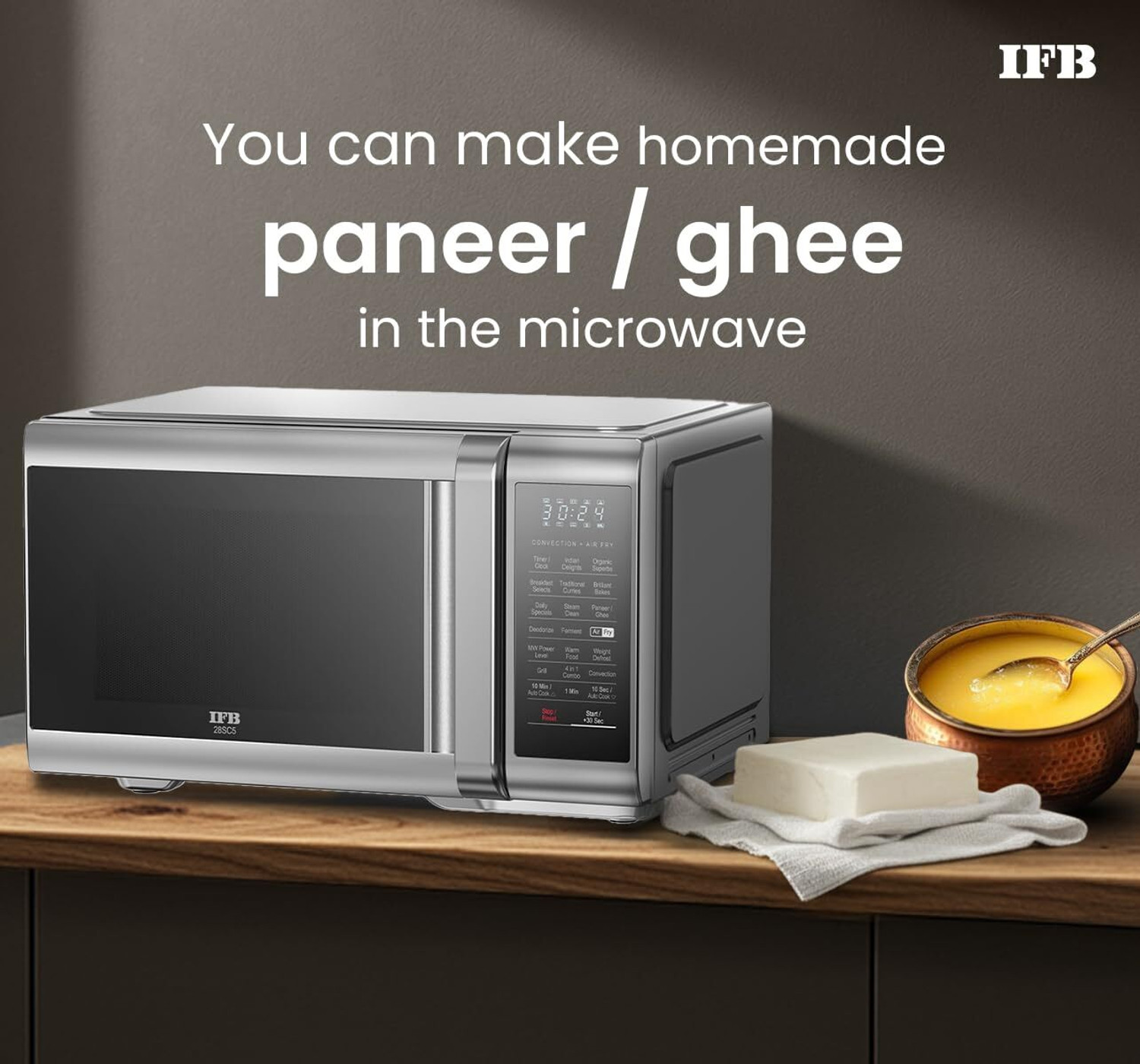 Image of IFB 28 L Air Fry, Homemade Paneer in just 9 mins, Paneer /Ghee Mode, 300 Auto Cook Menus , Auto Defrost, Steam Clean, 10 Power Levels, Multi-Stage Cooking Convection Microwave Oven