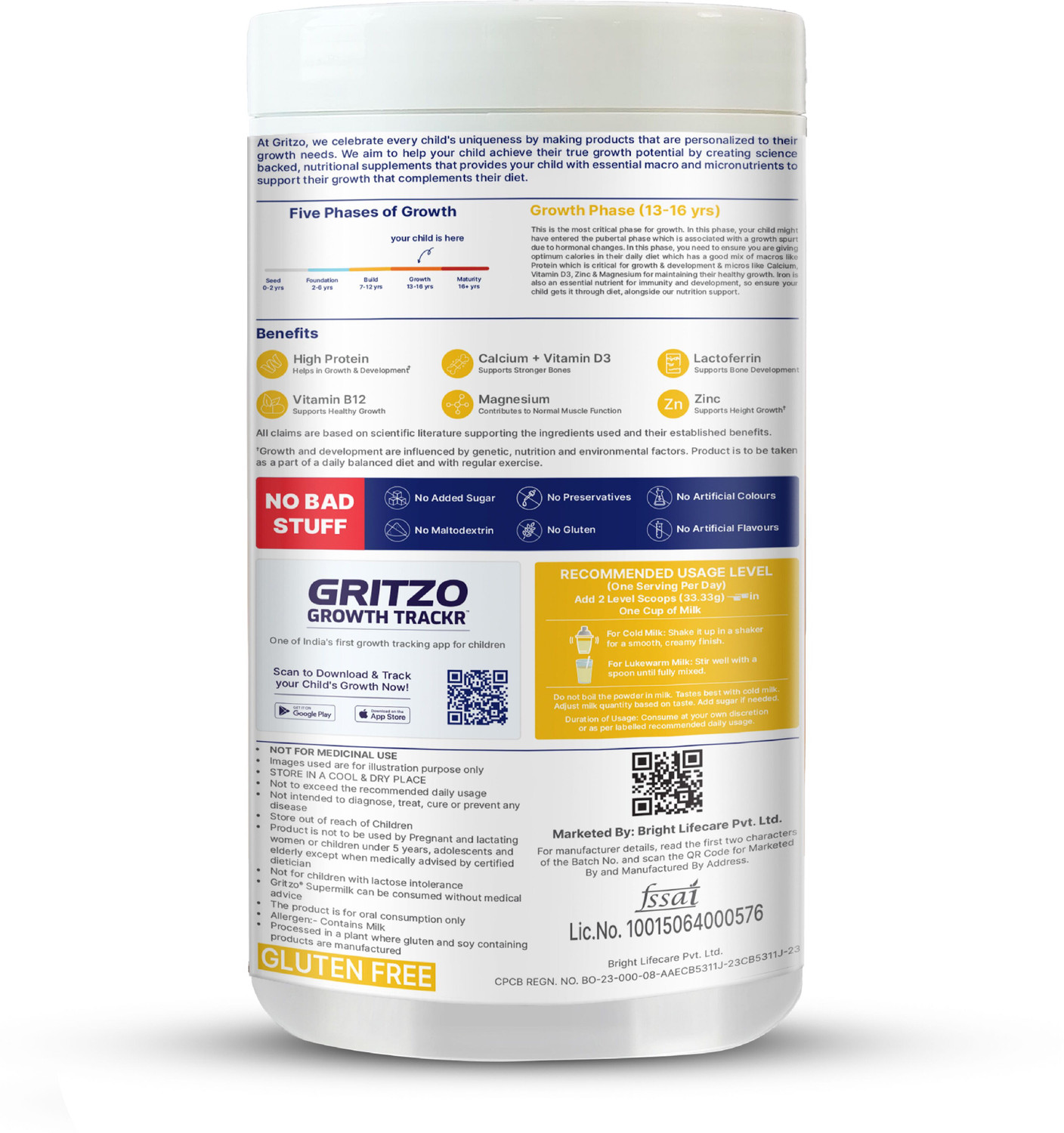 Image of Gritzo SuperMilk Growth+ Unsweetened Drink Mix (13+y Boys), 13g Protein, Creamy Vanilla