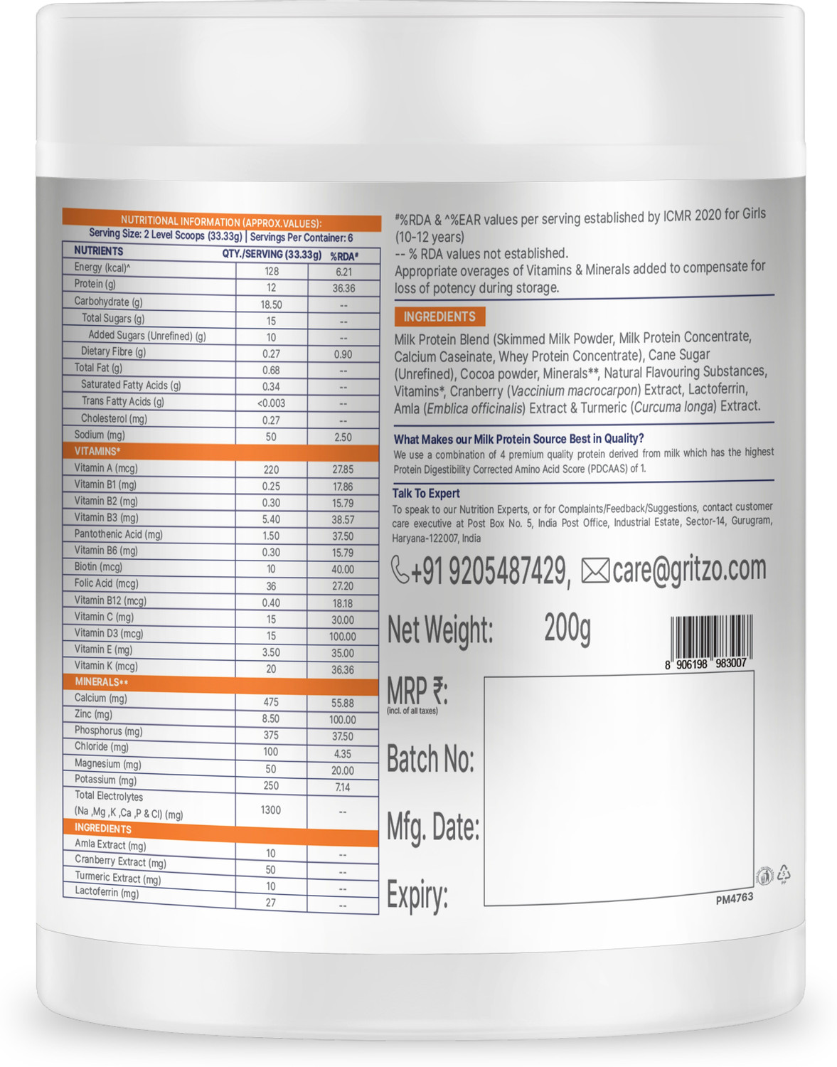 Image of Gritzo SuperMilk Growth+ (10-12y Girls), 12g Protein Powder, Double Chocolate