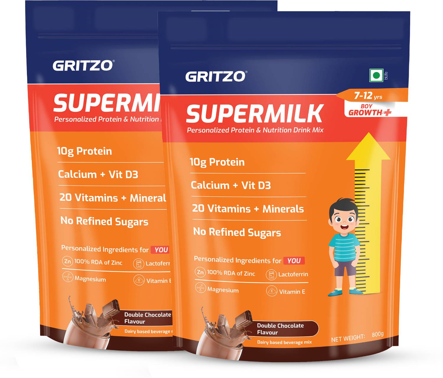 Gritzo SuperMilk Growth+ (7-12y Boys), 10g Protein Powder, Double Chocolate