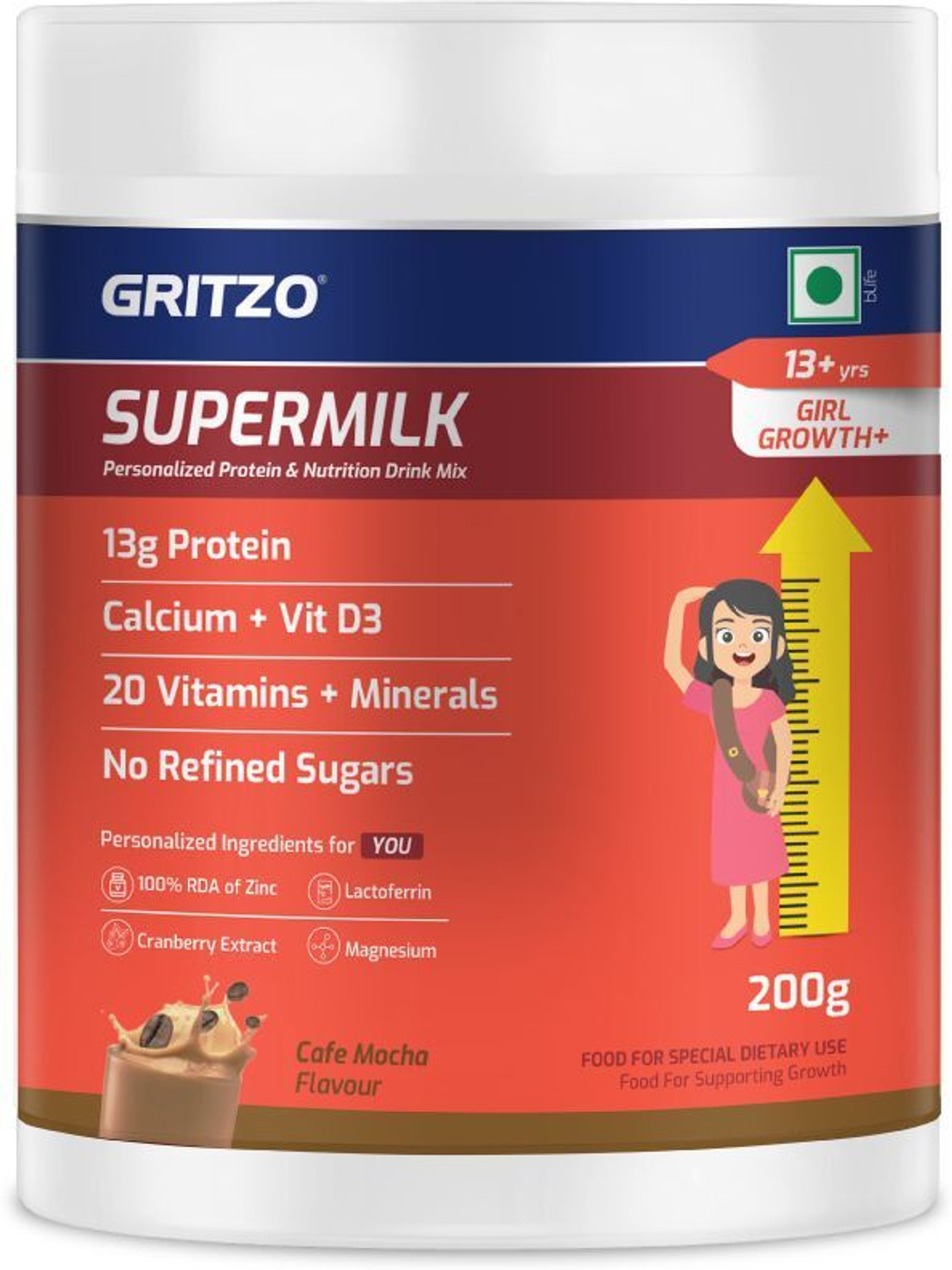 Image of Gritzo SuperMilk Growth+ (13+y Girls), 13g Protein Powder, Cafe Mocha
