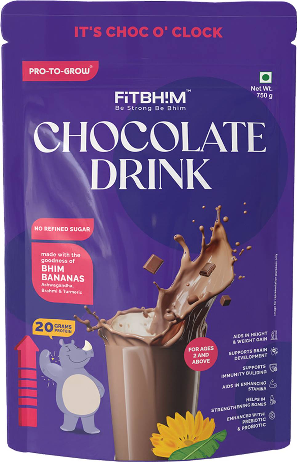 Pro-To-Grow Fitbhim Chocolate Drink for Kids 2+ | Bhim Banana, Brahmi, DHA, No Refined Sugar