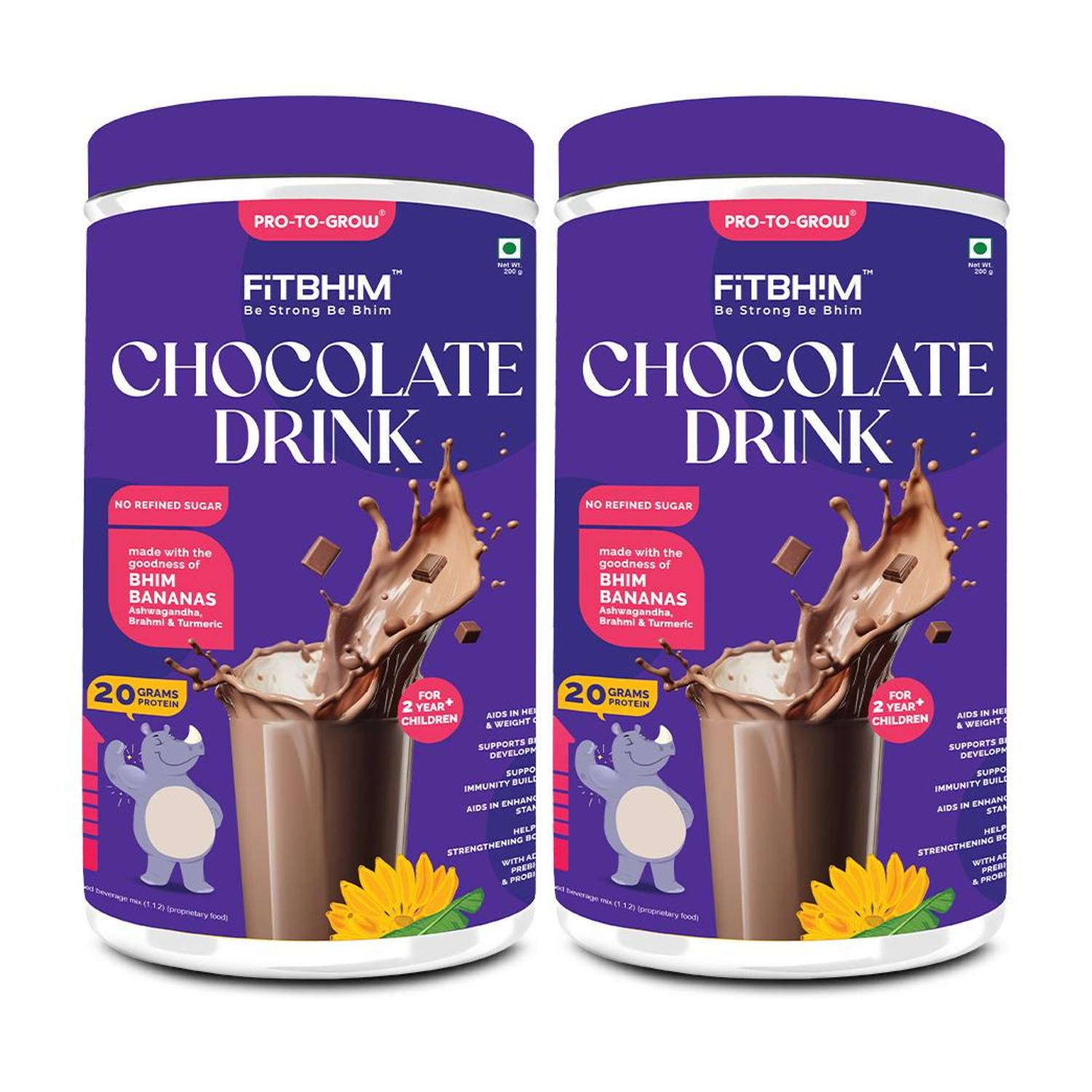 Pro-To-Grow Fitbhim Chocolate Drink for Kids 2+ | Bhim Banana, Brahmi, DHA, No Refined Sugar
