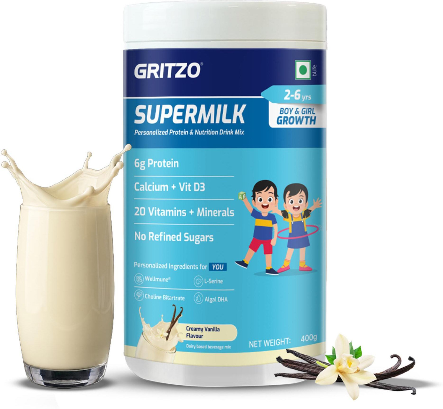 Image of Gritzo SuperMilk Growth (2-6y Boy & Girl), 6g Protein Powder, Creamy Vanilla