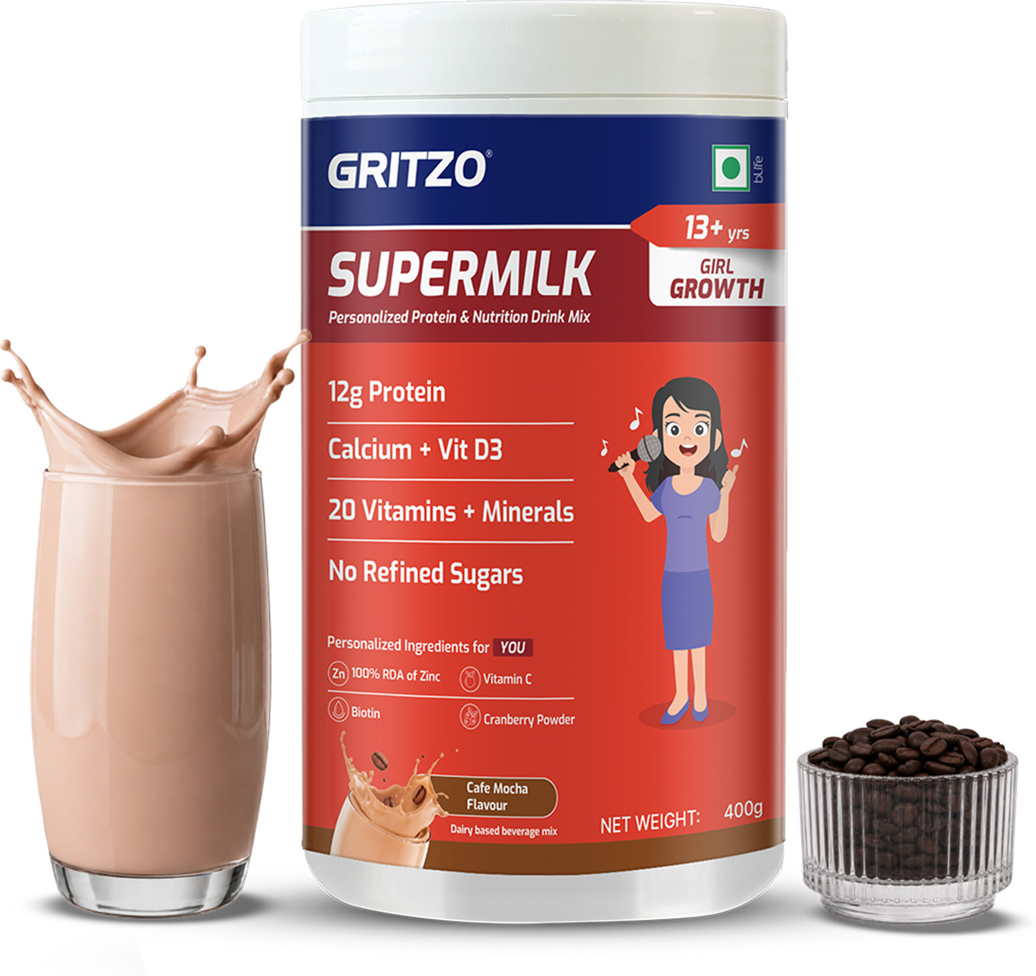 Image of Gritzo SuperMilk Growth (13+y Girls), 12g Protein Powder (Cafe Mocha)