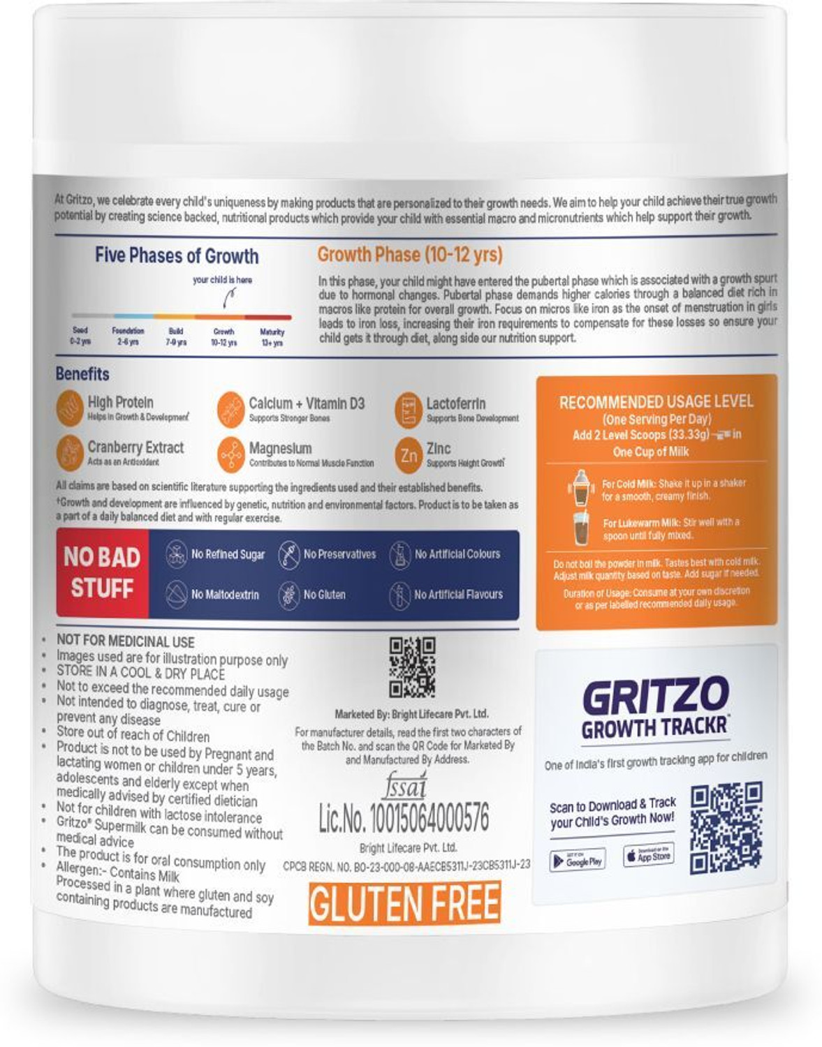 Image of Gritzo SuperMilk Growth+ (10-12y Girls), 12g Protein Powder, Double Chocolate
